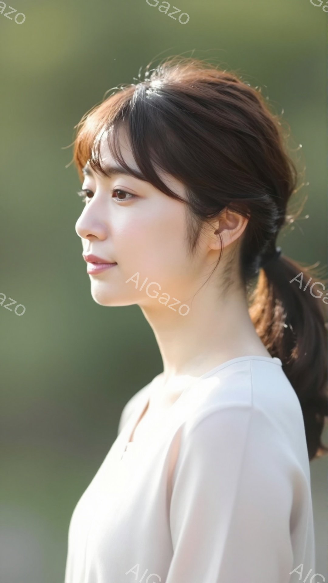 画像は、横顔の若い女性を捉えています。彼女はオフホワイトのブラウスを着ており、髪は後ろでゆるくまとめられています。背景はぼやけた緑色で、自然光が柔らかく彼女を照らし、穏やかで優雅な雰囲気を醸し出しています。