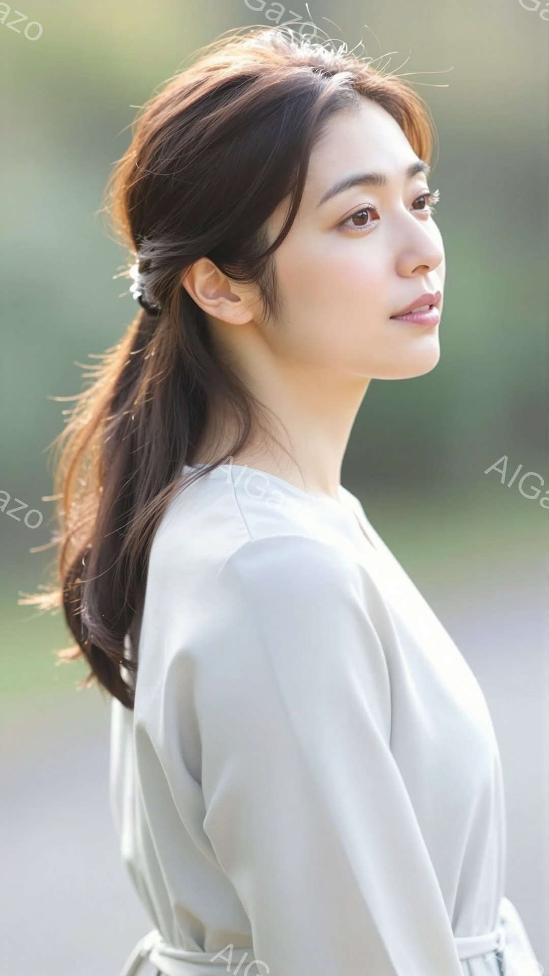 画像には、横顔の女性が写っています。彼女はオフホワイトのシンプルなブラウスを着ており、髪は後ろで軽くまとめられ、所々にほつれが出たようなスタイルです。背景はぼやけており、自然光が柔らかく彼女を照らして - AI生成フリー素材