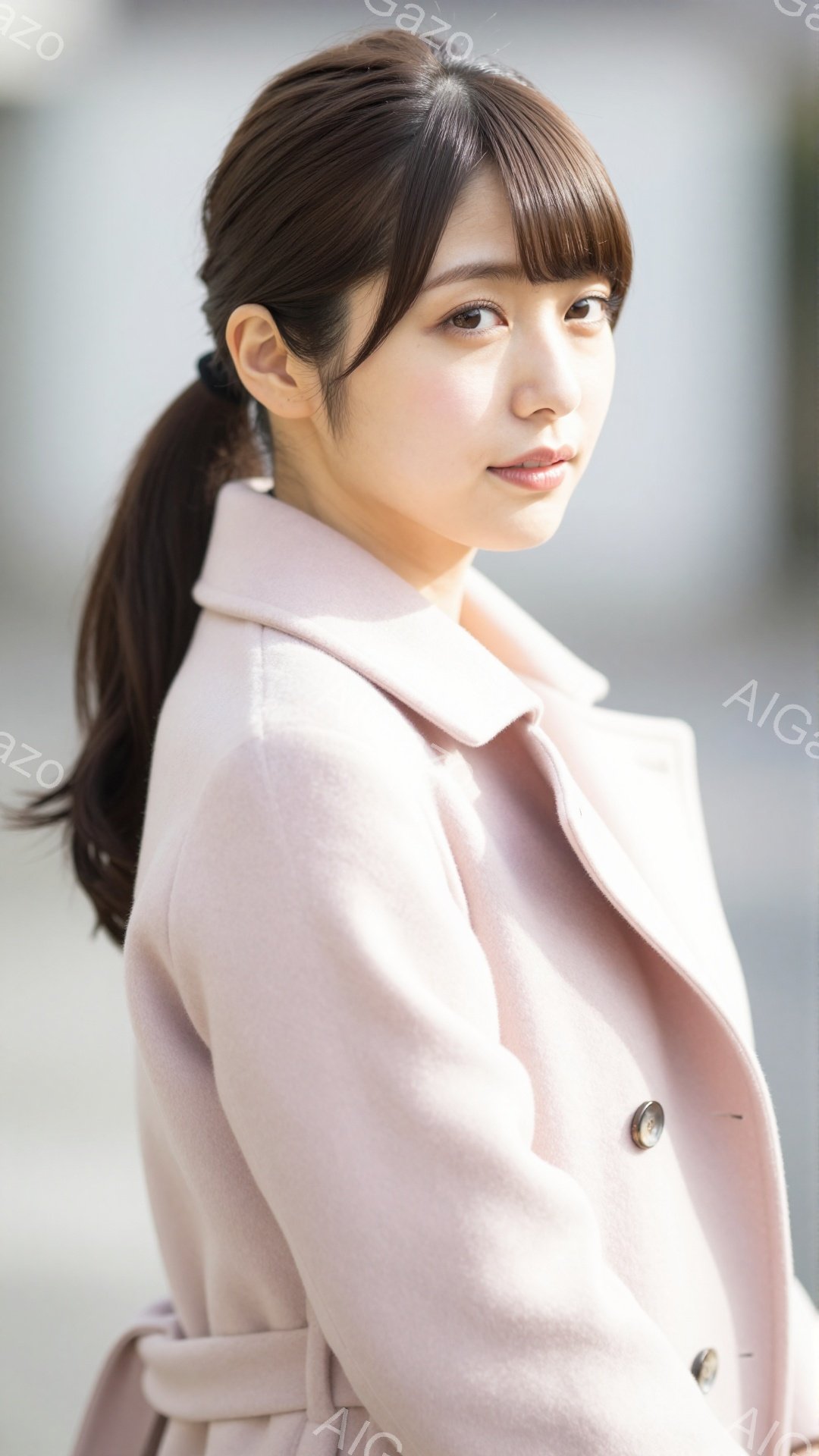 明るいピンク色のコートを着た若い女性が写っています。彼女は髪を後ろでポニーテールにしており、少し微笑んだ穏やかな表情をしています。背景はぼやけていますが、建物の一部が見え、晴れた日の穏やかな雰囲気を感 - AI生成フリー素材