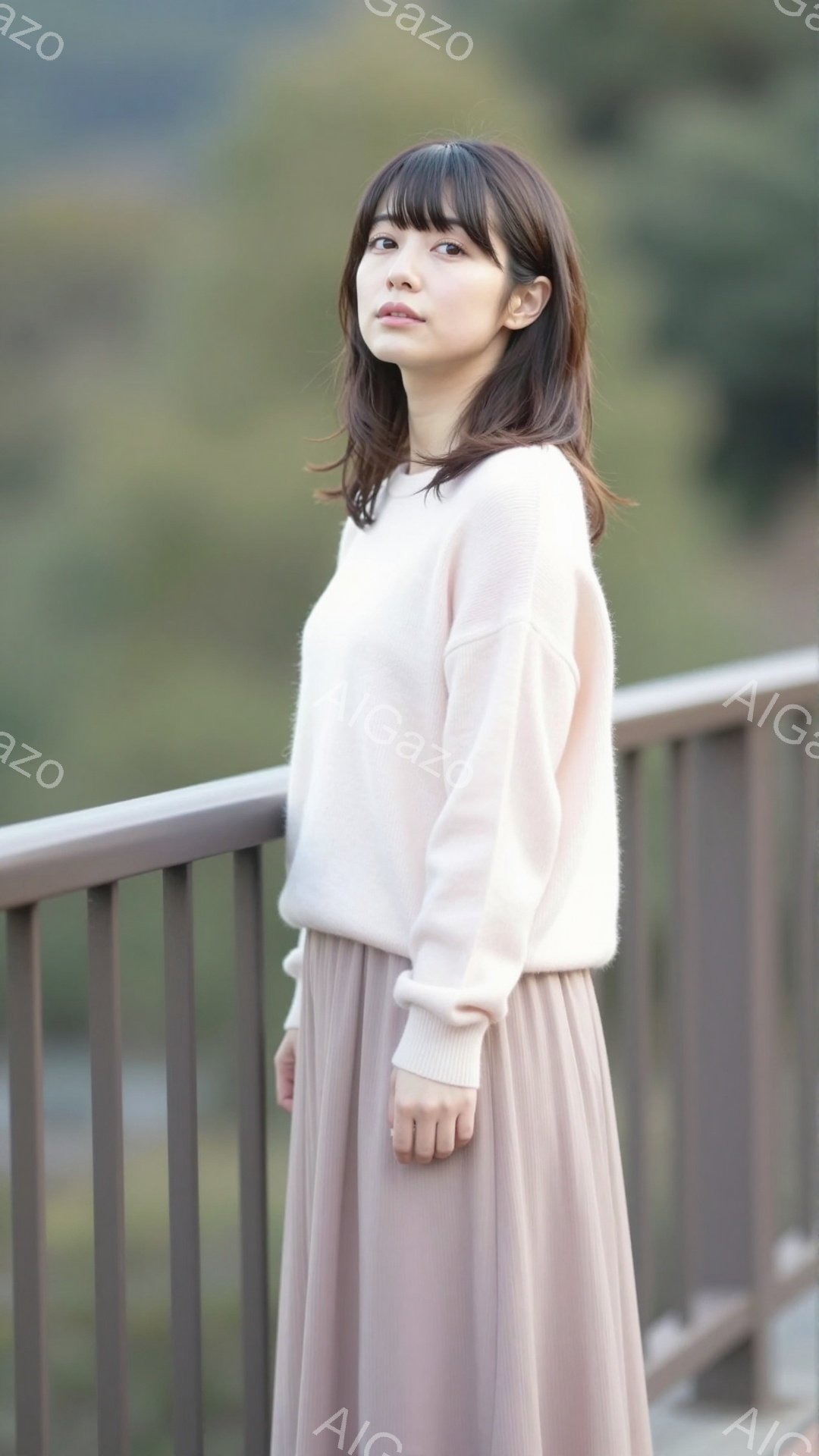 長い茶色の髪を肩のあたりで切り揃えた女性が、淡いピンク色のセーターとスカートを身に着けて立っている。彼女はわずかに微笑み、リラックスした様子で、手は軽く組んでいる。背景にはぼやけた緑の木々が見え、橋の - AI生成フリー素材