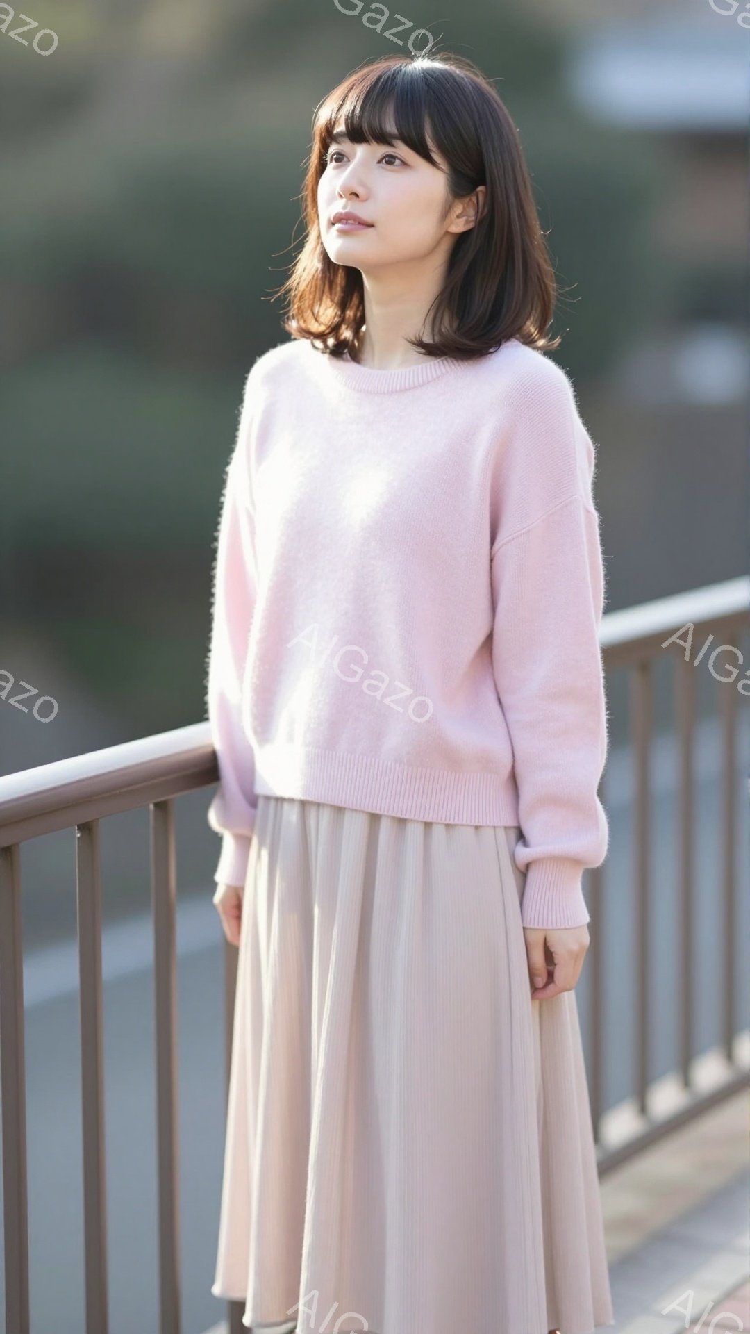 画像には、薄いピンク色のセーターと、プリーツの淡いピンク色のスカートを着た若い女性が写っています。彼女は少し微笑んでおり、軽く前を見つめています。背景には金属製の柵と、ぼやけた緑豊かな自然が見え、穏や - AI生成フリー素材