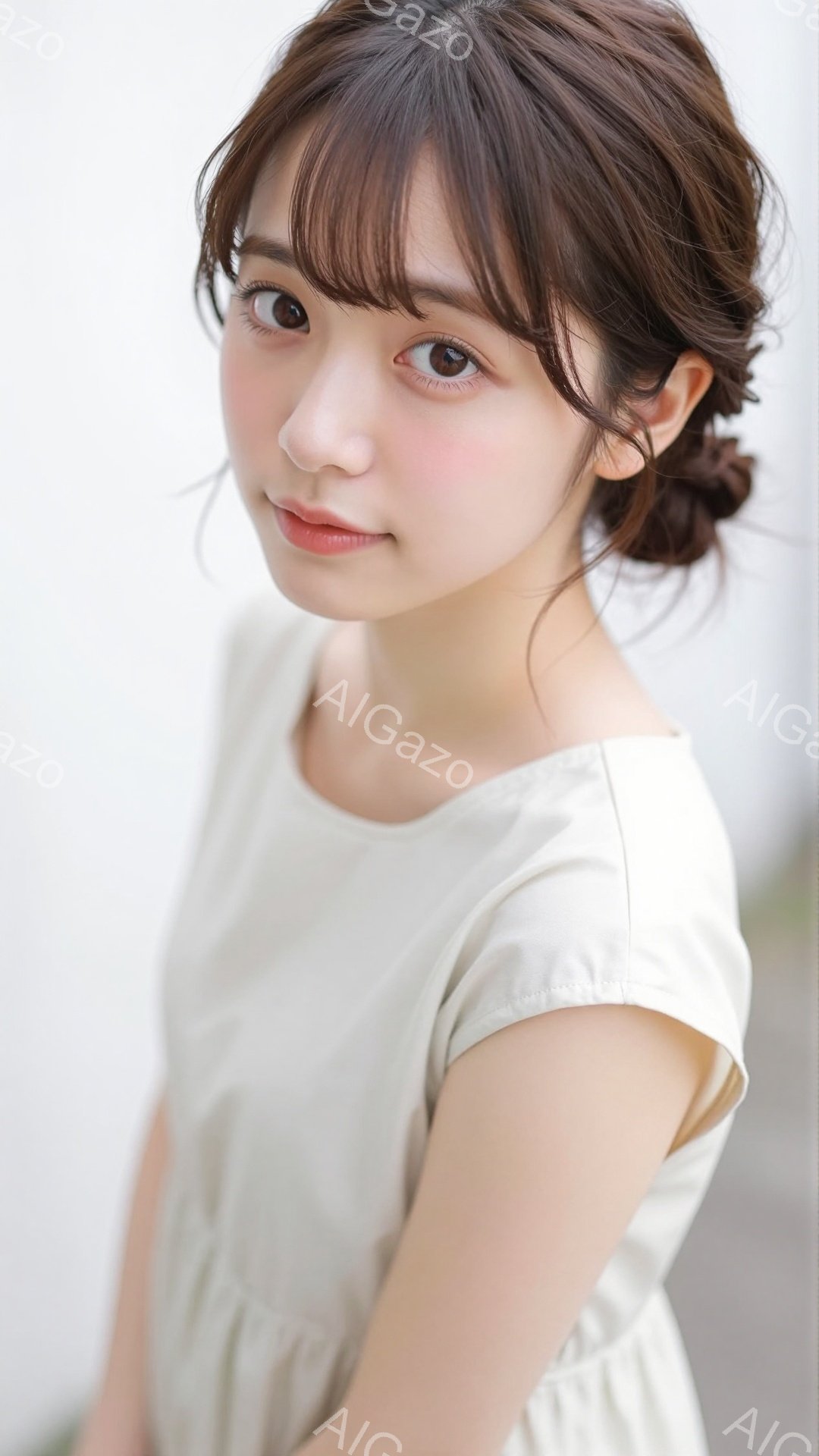 明るい表情の若い女性が写っています。オフホワイトのシンプルなワンピースを着ており、前髪を少しカールさせたハーフアップのヘアスタイルです。背景はぼかされており、室内であることがわかりますが、柔らかい光が - AI生成フリー素材