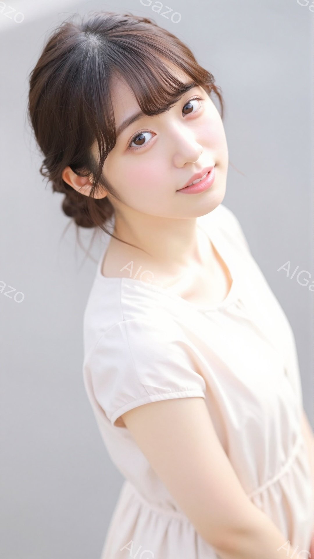 若い女性が、クリーム色のゆったりとしたトップスを着て、軽く微笑んでいます。彼女は髪を後ろでまとめ、顔の横にいくつかの緩やかなカールが残っています。背景は明るいグレーで、全体的に柔らかく、親しみやすい雰 - AI生成フリー素材