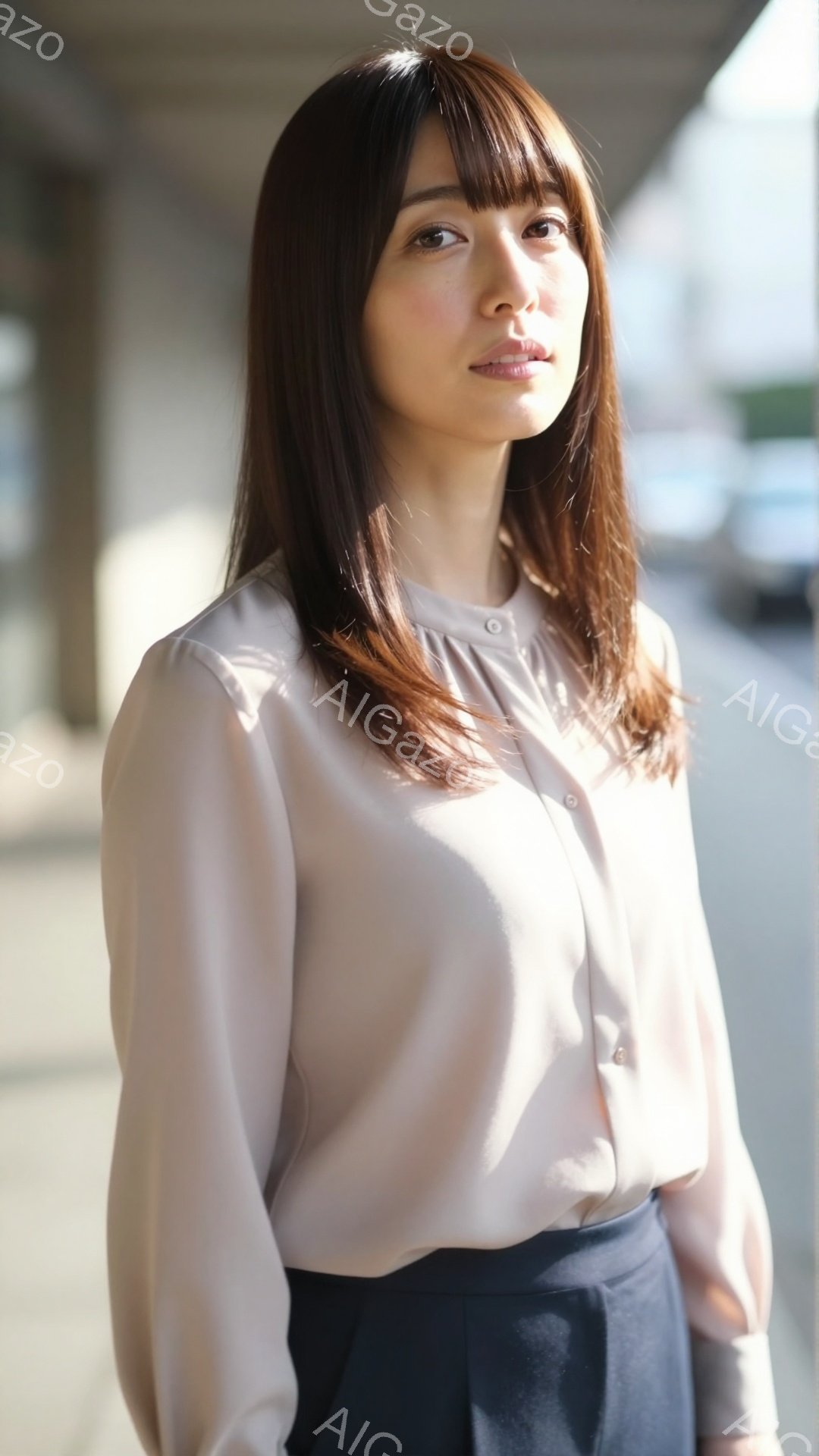 画像には、ベージュ色のブラウスと紺色のスカートを着た女性が写っています。彼女は肩まで伸びた茶色の髪をしており、少し微笑んでいます。背景はコンクリートの構造物と、ぼやけた街並みで、全体的に落ち着いた雰囲 - AI生成フリー素材