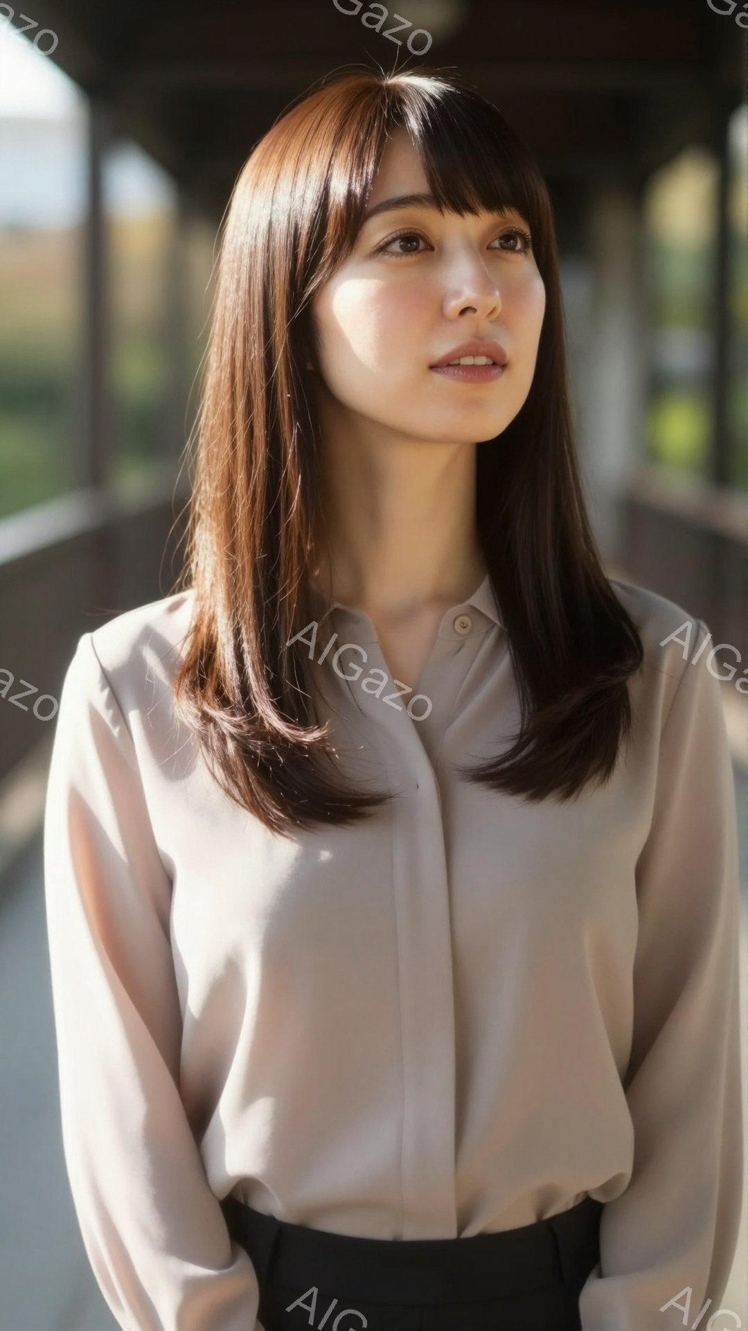 明るい茶色の髪を肩まで伸ばした女性が、薄いピンク色のブラウスと黒いボトムスを着ています。彼女はやや上目線で、落ち着いた表情を浮かべています。背景は、光が差し込む構造物の内部で、木々が見え、全体的に柔ら - AI生成フリー素材