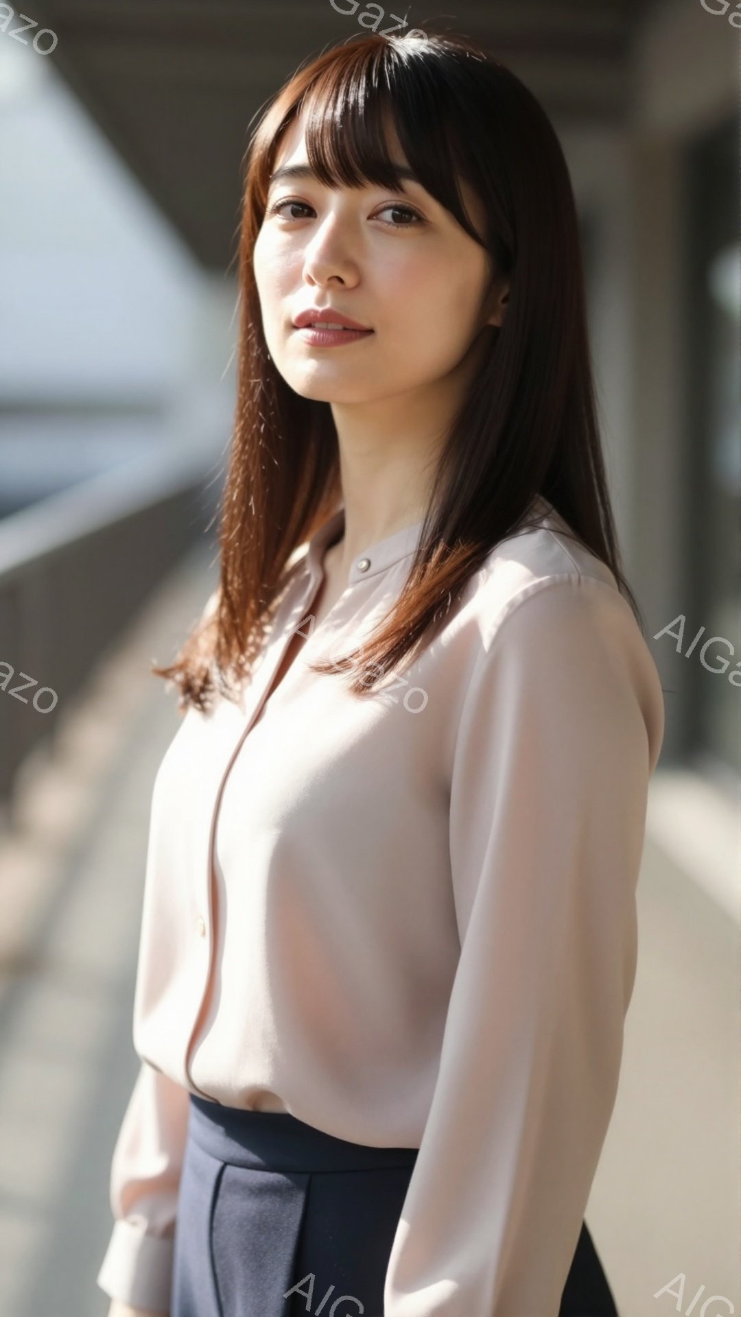 この女性は、薄いピンク色のブラウスと濃い色のスカートを着用し、少し横を向いて立っています。彼女は長い茶色の髪を肩にかかっており、穏やかな微笑みを浮かべています。背景はぼやけており、現代的な建築物の一部 - AI生成フリー素材