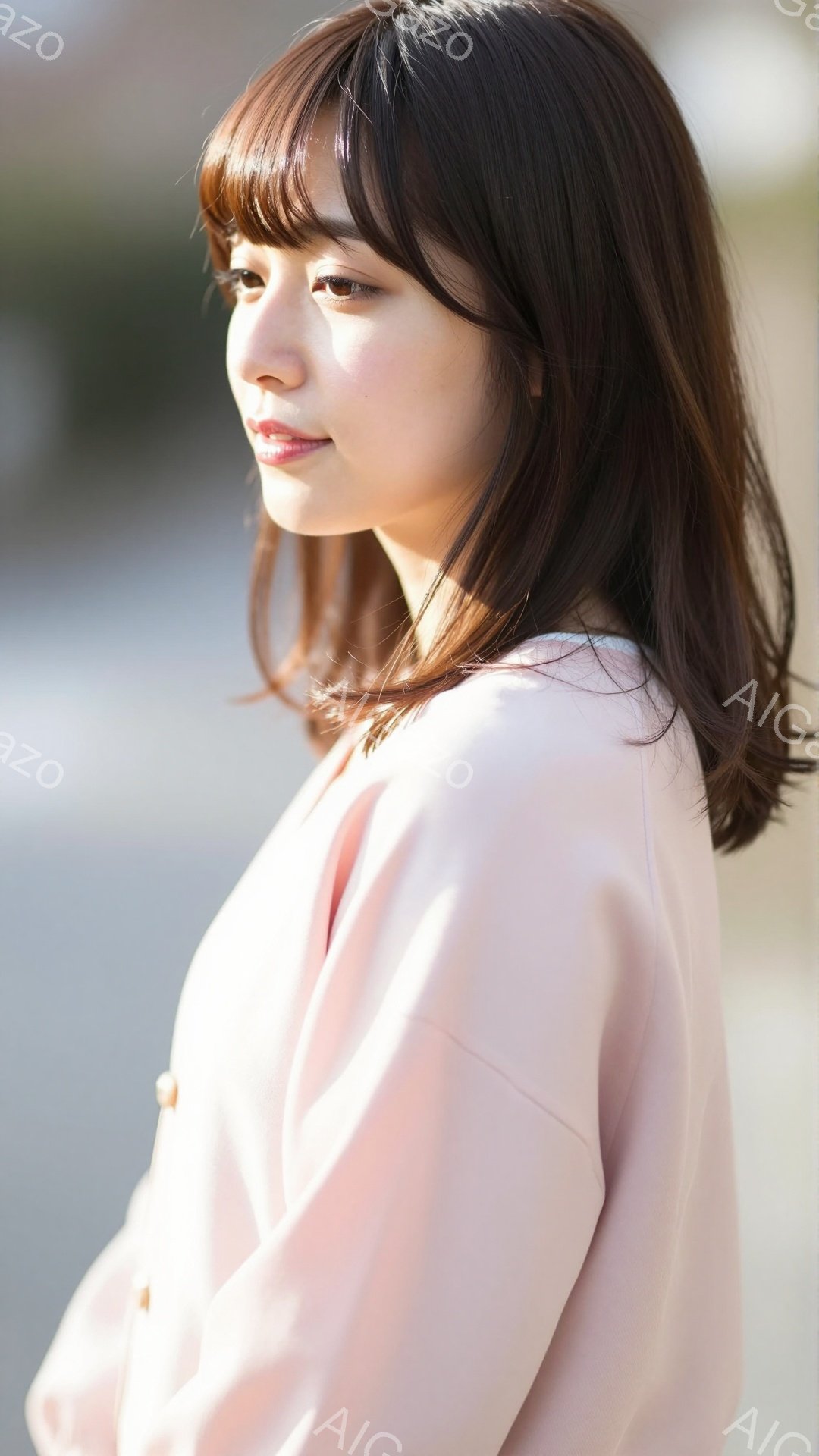 柔らかいピンク色のブラウスを着た若い女性が写っている。彼女は肩までの長さの茶色の髪で、少し横を向いて微笑んでいる。背景はぼやけているが、おそらく街並みの一部で、全体的に穏やかで優しい雰囲気を醸し出して - AI生成フリー素材