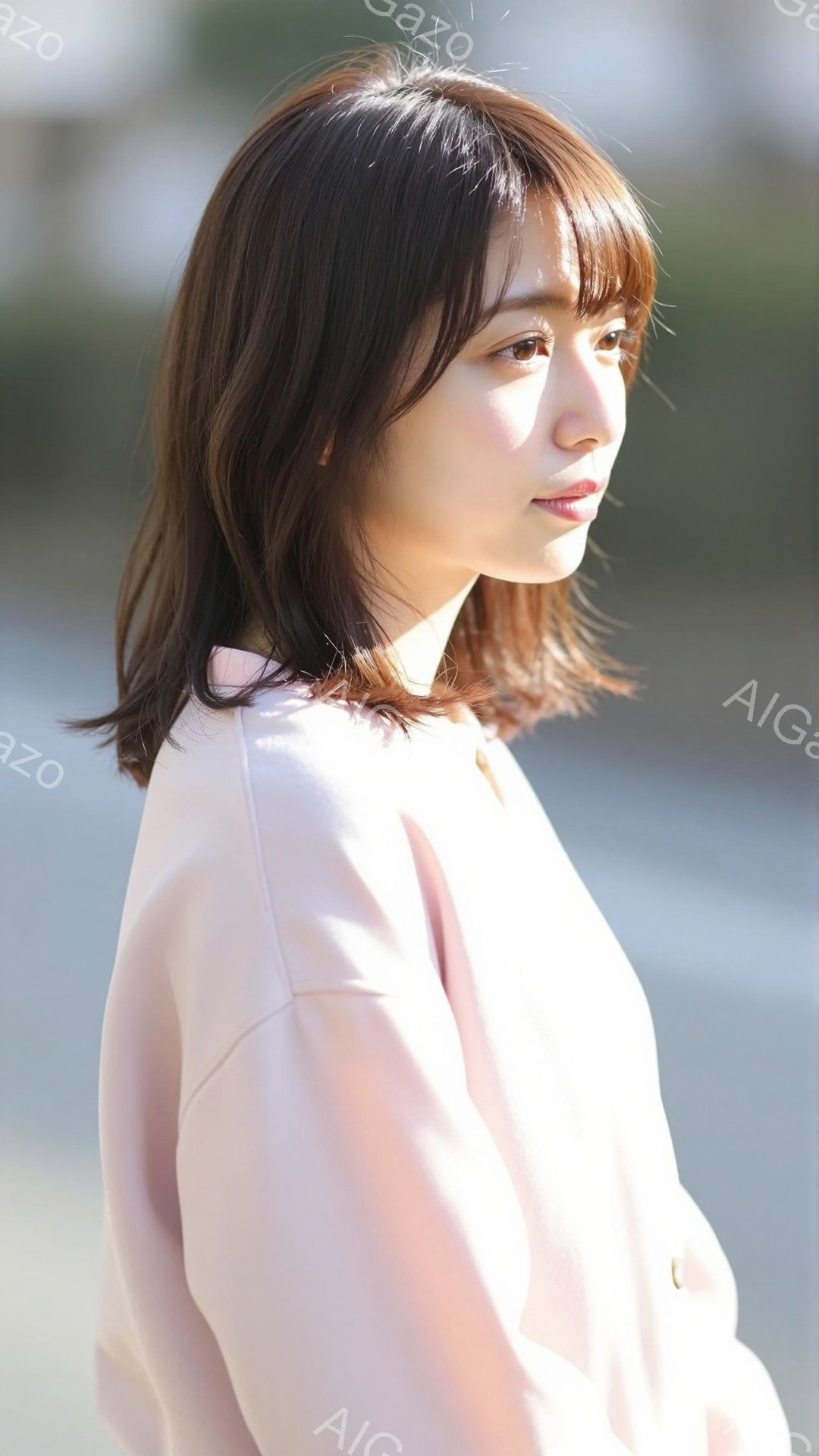 淡いピンク色のセーターを着た女性が写っている。彼女は肩までの長さの黒髪で、少し微笑んでいるように見える。背景はぼやけており、自然光が柔らかく彼女を照らしているため、穏やかで優しい雰囲気が漂っている。 - AI生成フリー素材