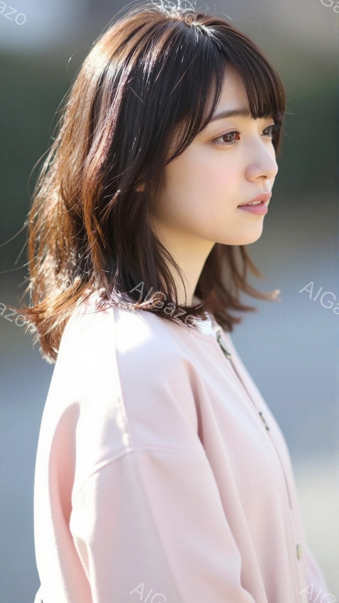 明るい茶色の髪を肩にかかる長さに切り揃えた女性が写っている。彼女は淡いピンク色のシャツを着ており、少し上目遣いで優しい表情をしている。背景はぼやけており、自然光が柔らかく彼女を照らしている様子から、穏 - AI生成フリー素材