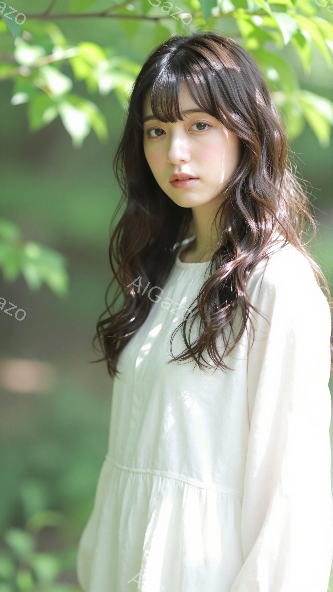 長いダークブラウンの髪は軽くウェーブがかかり、前髪は眉毛にかかるようにカットされている女性が写っている。白いゆったりとしたブラウスを着ており、穏やかで少し微笑んだような表情をしている。背景は緑豊かな木 - AI生成フリー素材