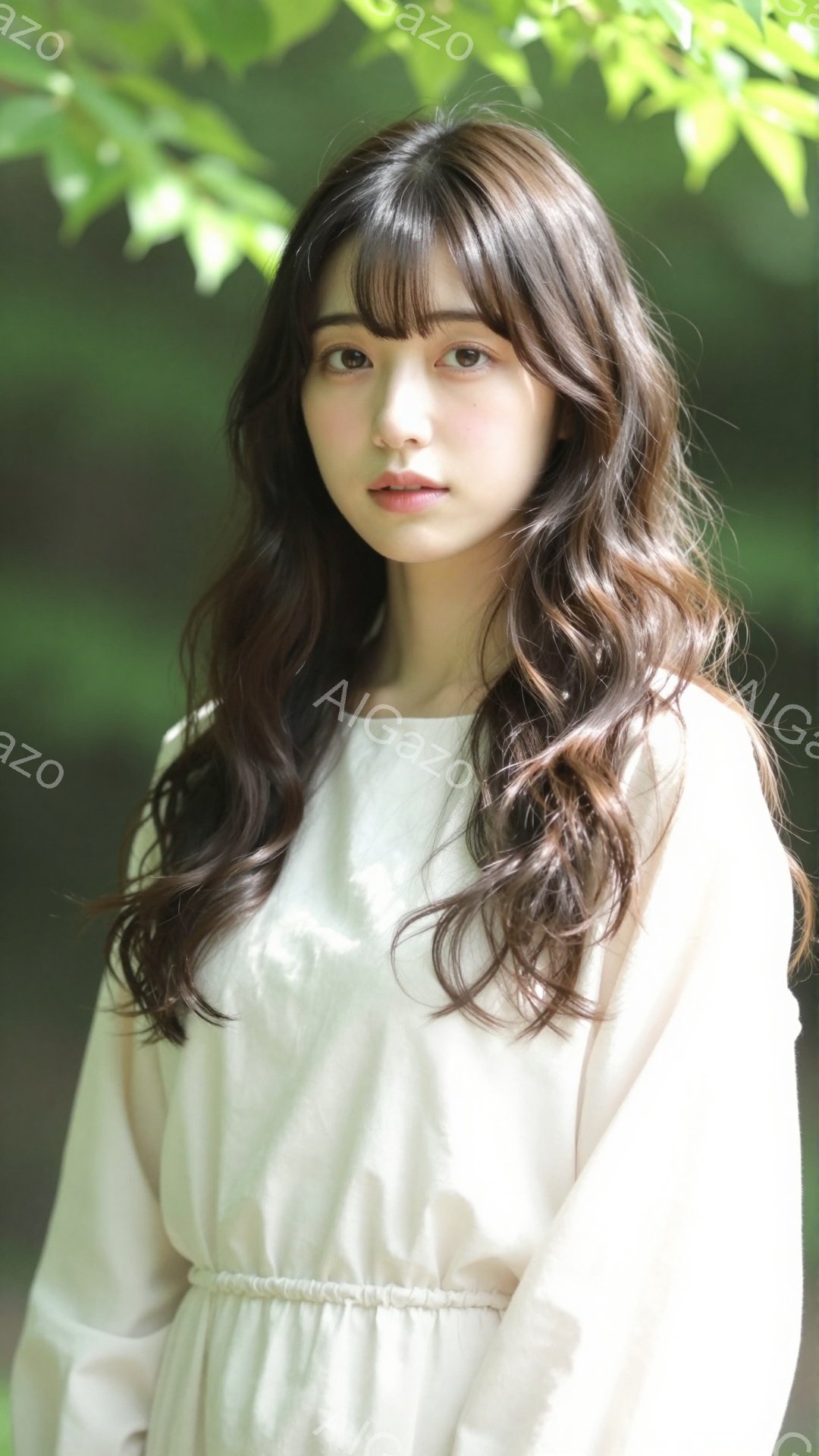 長い茶色の巻き毛が肩にかかり、白いゆったりとしたワンピースを着た女性が写っています。彼女は穏やかな表情で、少し下を見つめています。背景には緑豊かな木々がぼやけており、柔らかく自然な雰囲気を醸し出してい - AI生成フリー素材