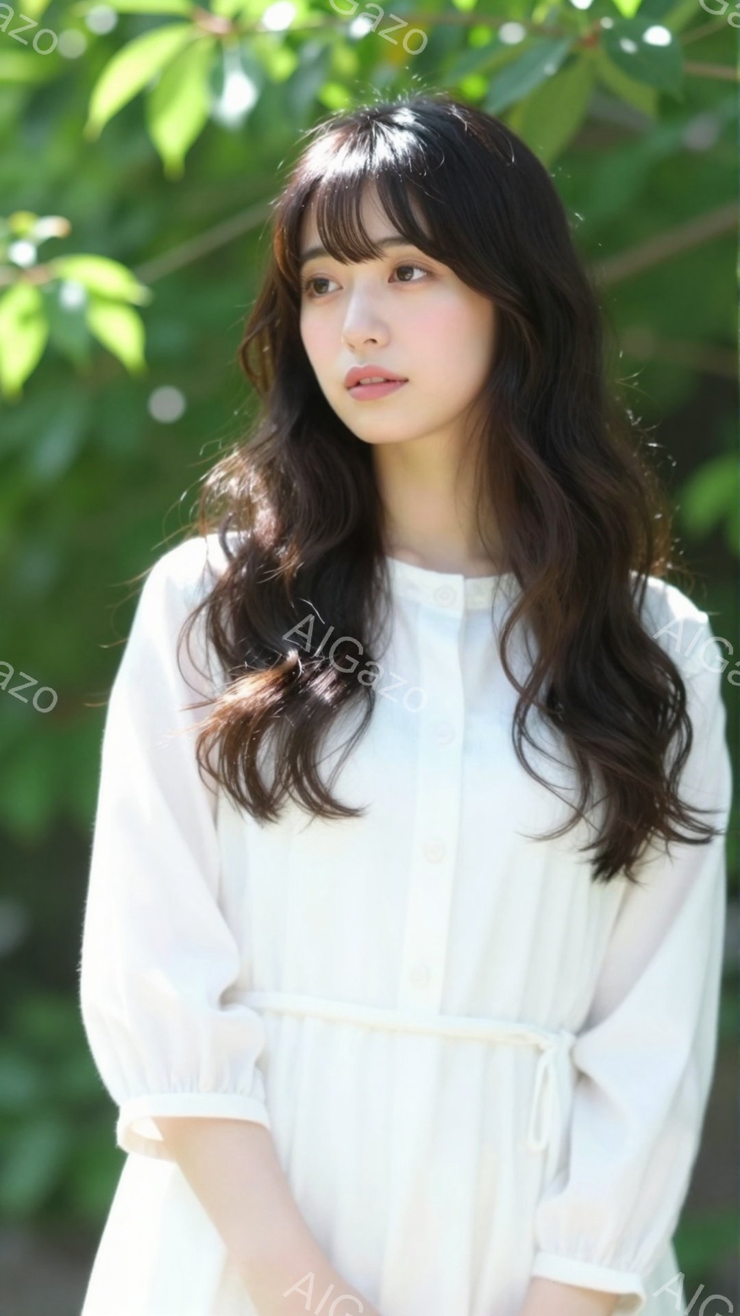 長い黒髪を無造作に巻いた若い女性が、白いブラウスのような服を着て立っています。表情は穏やかで、少し微笑んでいるように見えます。背景には緑豊かな木々が見え、柔らかい光が差し込み、全体的に優しい雰囲気のポ - AI生成フリー素材