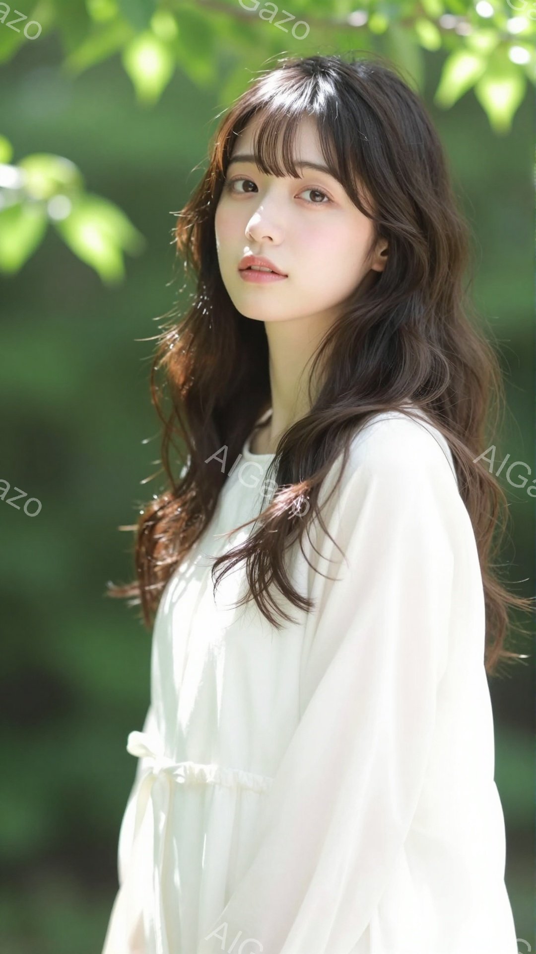 長い黒髪を無造作に垂らした若い女性が写っている。白いゆったりとしたブラウスを着ており、柔らかい光が彼女を包み込んでいる。背景は緑豊かな自然で、穏やかで優しい雰囲気を醸し出している。 - AI生成フリー素材
