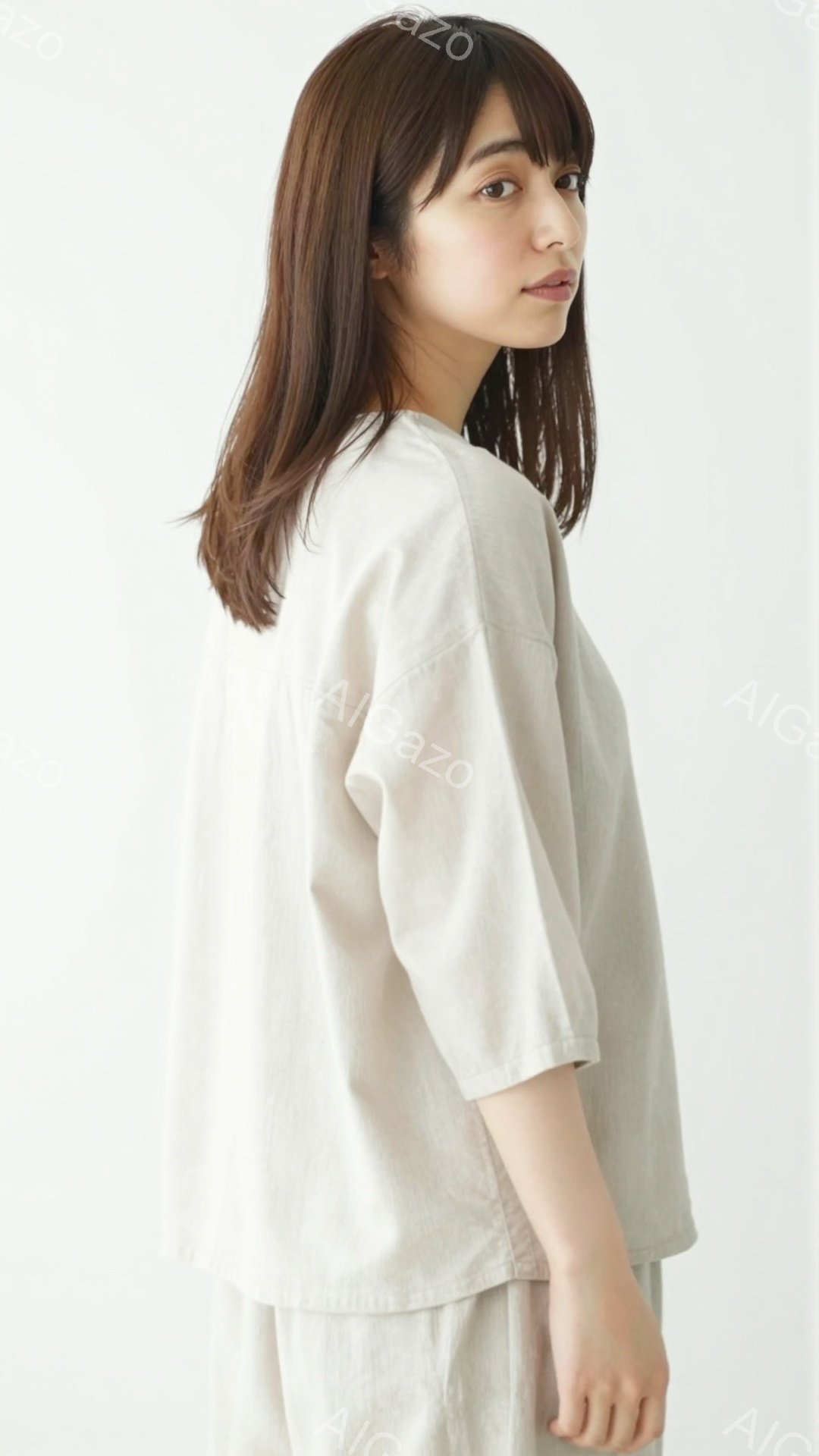 画像は、ベージュ色のリネン素材のセットアップを着た若い女性を捉えています。彼女は肩を少し落としたリラックスした姿勢で、自然な笑顔を浮かべています。背景は白く、彼女が際立っており、全体的に穏やかでナチュ - AI生成フリー素材