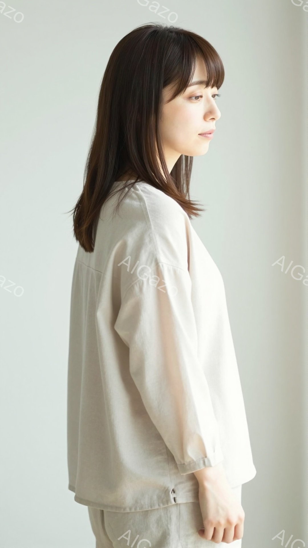 画像は、ベージュ色のゆったりとしたブラウスとパンツを身に着けた女性を横から捉えています。彼女は肩までの長さの黒髪で、表情は穏やかで、やや下を向いています。背景は淡いグレーで、人物が際立っており、全体的 - AI生成フリー素材
