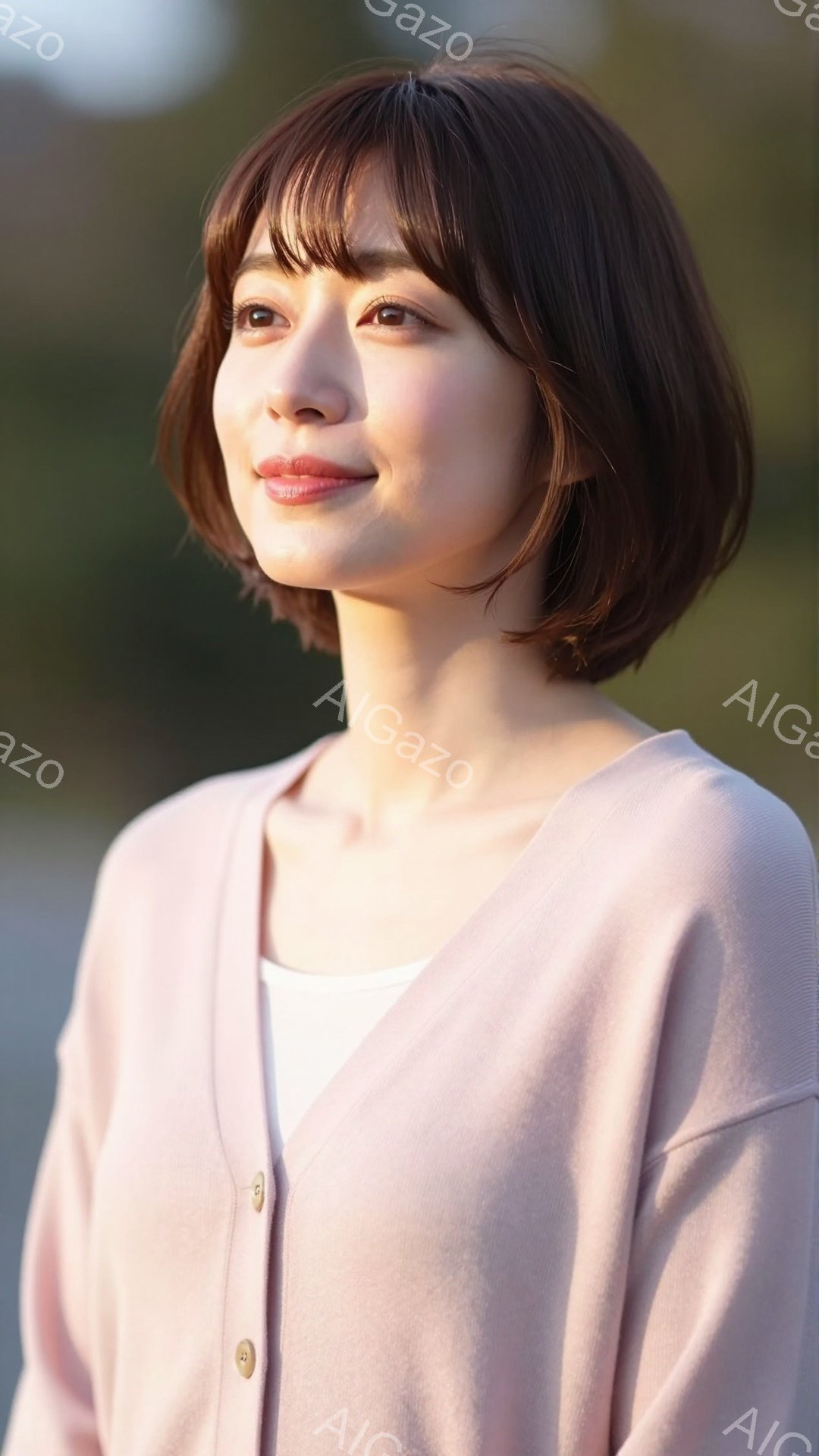 浅いピンク色のカーディガンに白いインナーを着た女性が写っています。彼女は少し微笑んでおり、前髪が目にかかるショートヘアです。背景はぼやけており、自然光の中で穏やかな雰囲気が漂っています。 - AI生成フリー素材