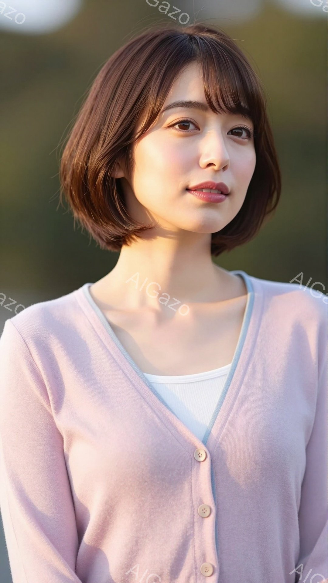 画像は、短髪の女性が写っており、ライトピンクのカーディガンを羽織り、白いインナーを着ています。彼女は穏やかな表情でカメラを見つめており、姿勢は自然でリラックスしています。背景はぼやけていますが、緑豊か - AI生成フリー素材