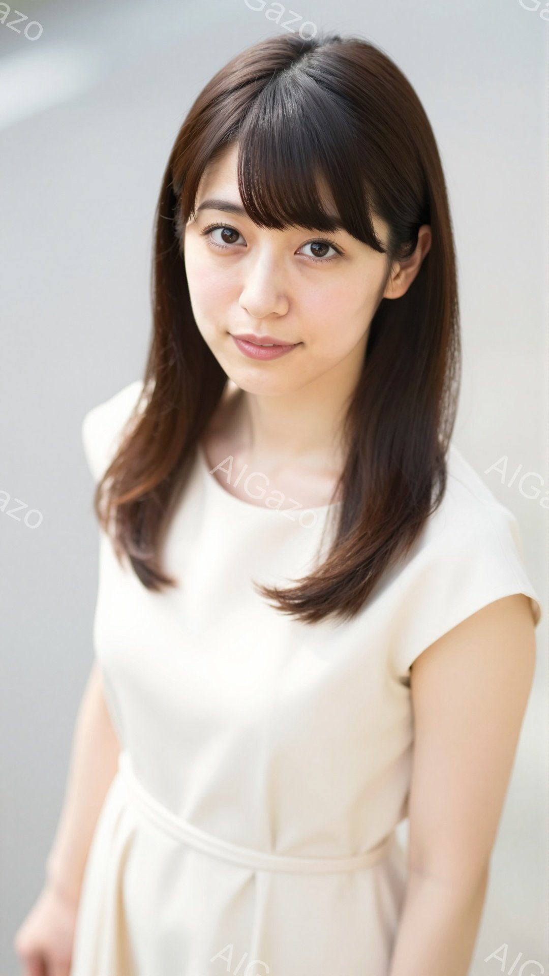 画像は、明るいベージュ色のワンピースを着た若い女性を捉えています。彼女は肩までの長さの茶髪で、前髪は眉毛のあたりで切り揃えられています。わずかに微笑み、穏やかな表情でカメラを見つめており、背景はぼやけ - AI生成フリー素材