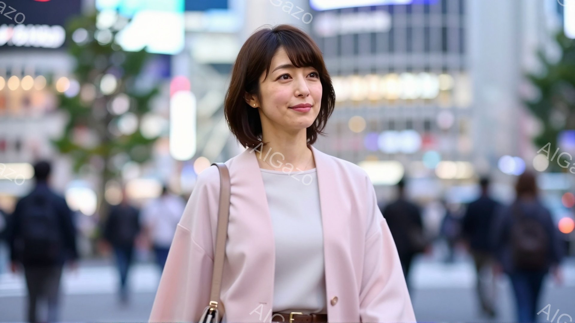 若い女性が街中で見上げるように立っている。彼女は薄いピンク色のジャケットと白いトップスを着ており、茶色のベルトが締まっている。背景には高層ビル群と歩行者がぼやけて見え、晴れた日の都会の様子が伺える。