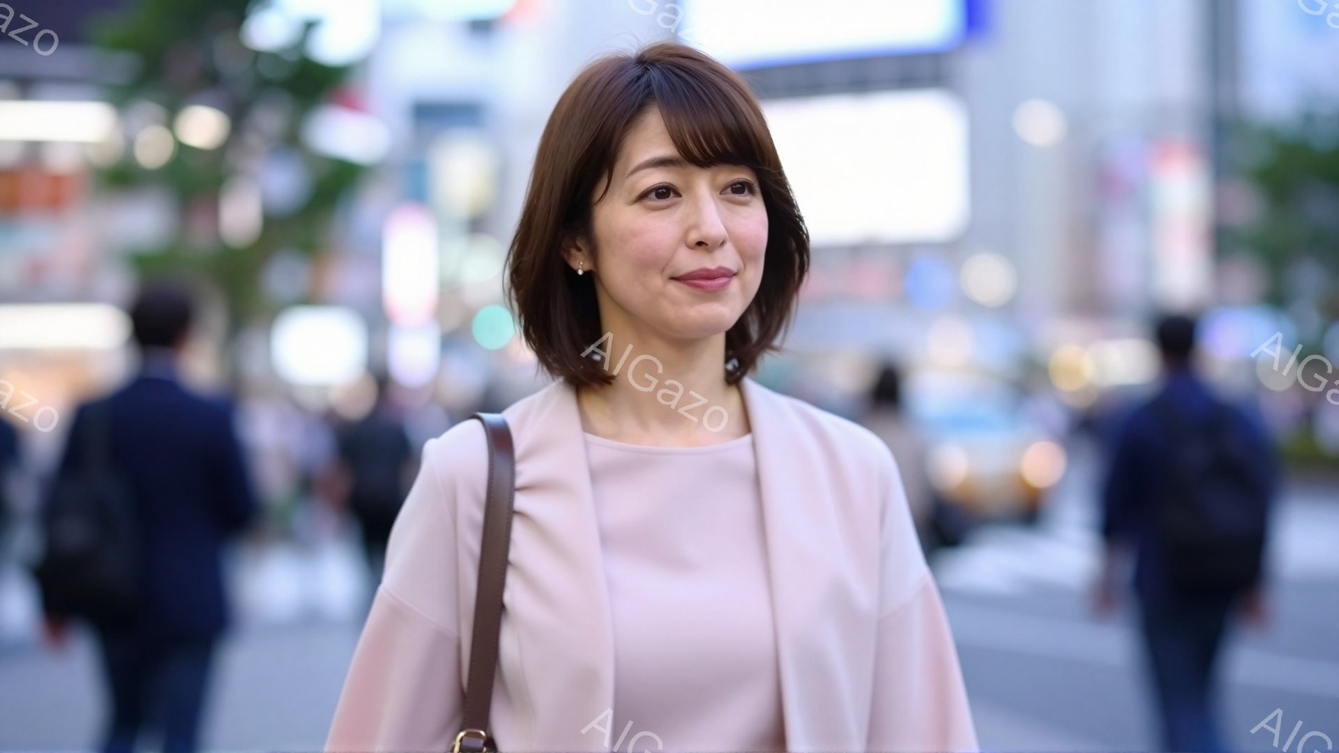 画像には、薄いピンク色のジャケットを着た若い女性が写っています。彼女は肩までの長さの茶色のヘアスタイルで、わずかに微笑んでいます。背景には、ぼやけた建物や歩行者が見え、明るい日中の都市の通りが広がっています。