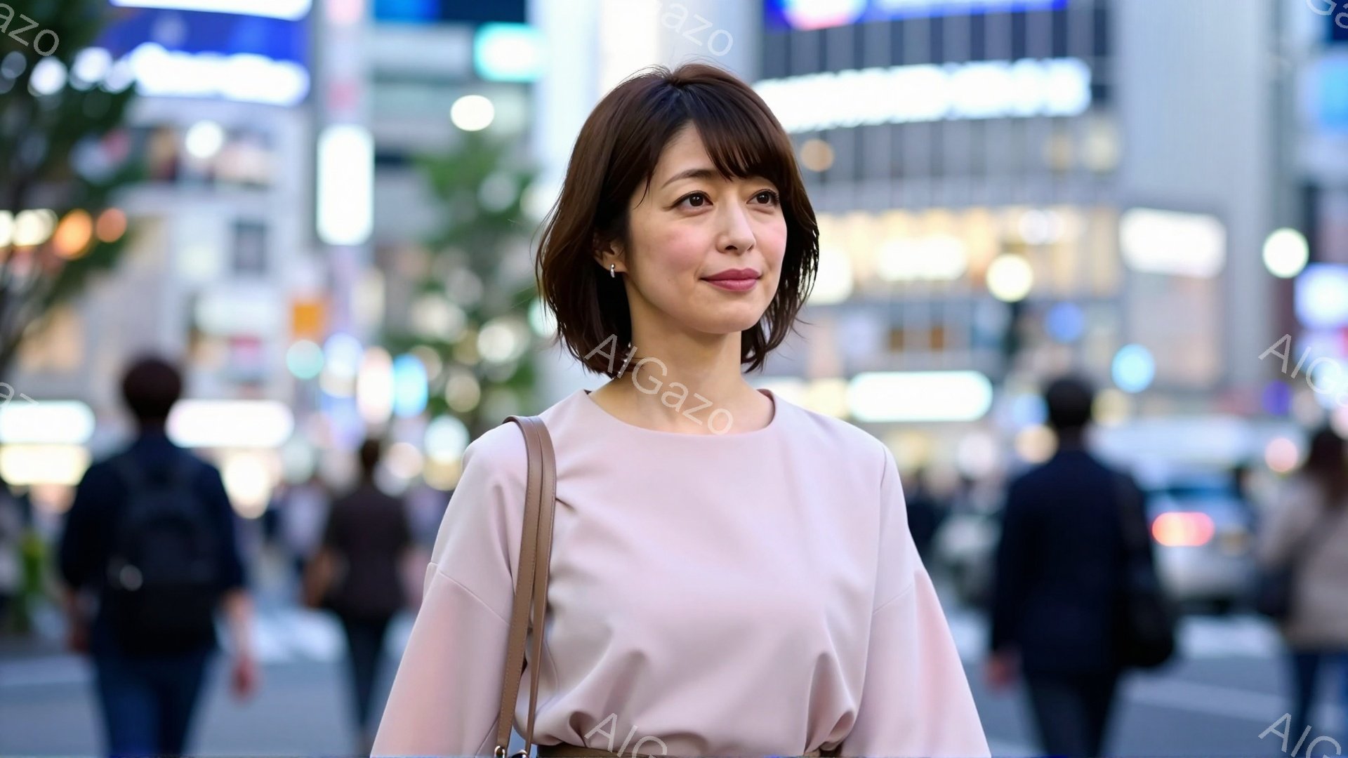 画像には、淡いピンク色のトップスを着た若い女性が写っています。彼女は肩までの長さのダークブラウンの髪をしており、少し微笑んでいます。背景には、ぼやけた都市の風景、建物、人々が見え、全体的に柔らかく都会 - AI生成フリー素材