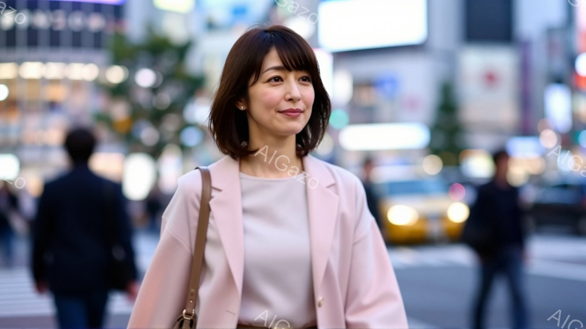 浅いピンク色のジャケットと薄いピンク色のブラウスを着た女性が写っている。彼女は肩にかけてバッグを下げ、わずかに微笑んでおり、前を見つめている。背景には賑やかな街並み、ビルの光、そしてぼやけた人々が見え - AI生成フリー素材