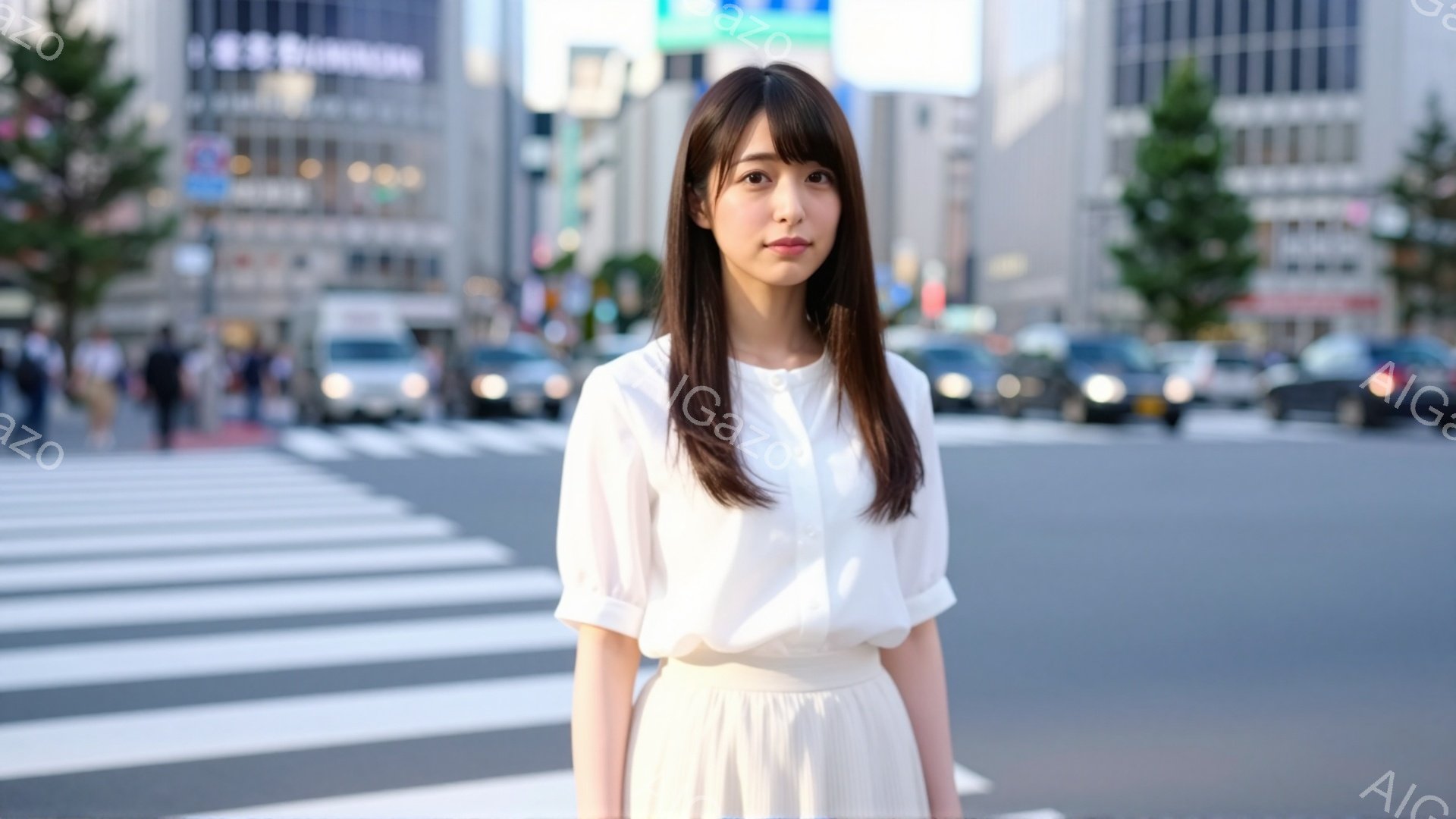 白いブラウスとスカートを身につけた若い女性が、横断歩道の前に立っています。彼女は肩までの長さの黒髪で、穏やかな表情をしています。背景には高層ビルが立ち並び、交通量も多く、晴れた日の都会の風景が広がって - AI生成フリー素材