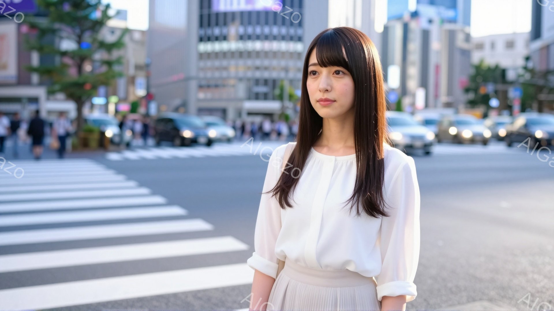 長い黒髪をセンターパートにした女性が、白いブラウスとスカートを身に着けて、横断歩道脇で立っている。彼女はやや上目遣いで、落ち着いた表情で遠くを見つめている。背景には高層ビル群と木々が見え、晴れた日の賑やかな都会の風景が広がっている。