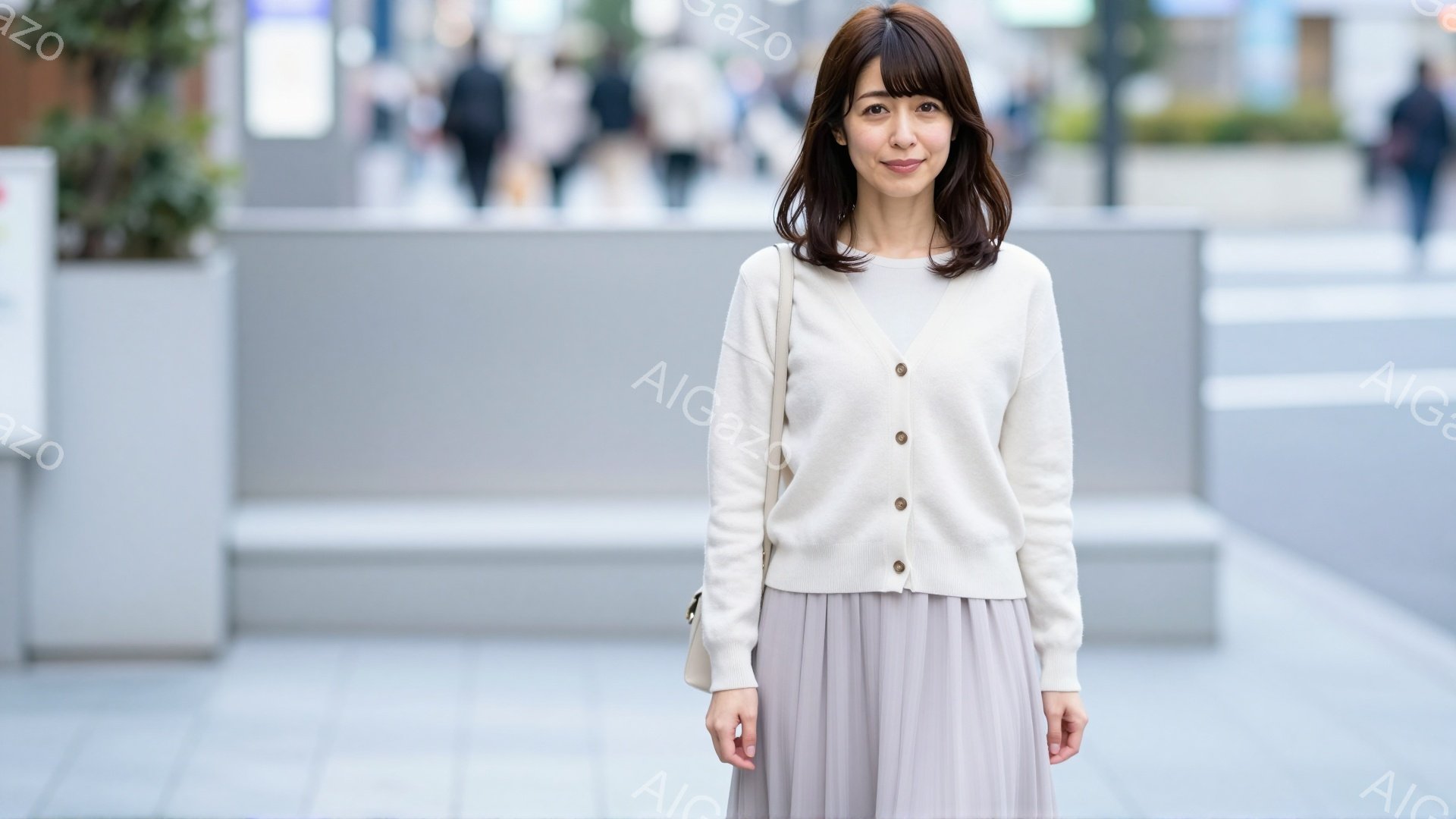 画像に写っている女性は、クリーム色のカーディガンと、くすんだ紫色のプリーツスカートを身に着けています。彼女は肩までの長さの茶髪で、少し微笑んでいます。背景には、灰色のベンチと、ぼやけた歩行者や建物が見 - AI生成フリー素材