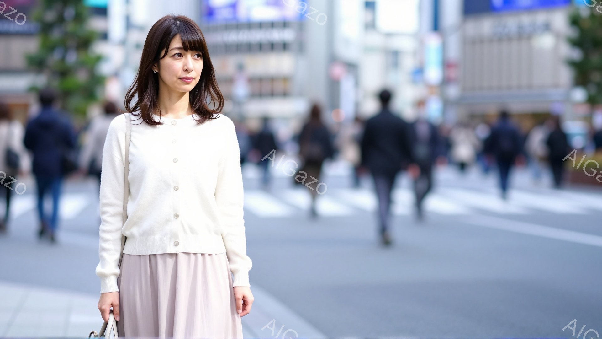 画像には、ベージュのカーディガンと淡いピンク色のプリーツスカートを着用した女性が写っています。彼女は少し微笑んでおり、横を向いて遠くを見つめています。背景には、多くの歩行者と、高層ビルが立ち並ぶ都会の - AI生成フリー素材