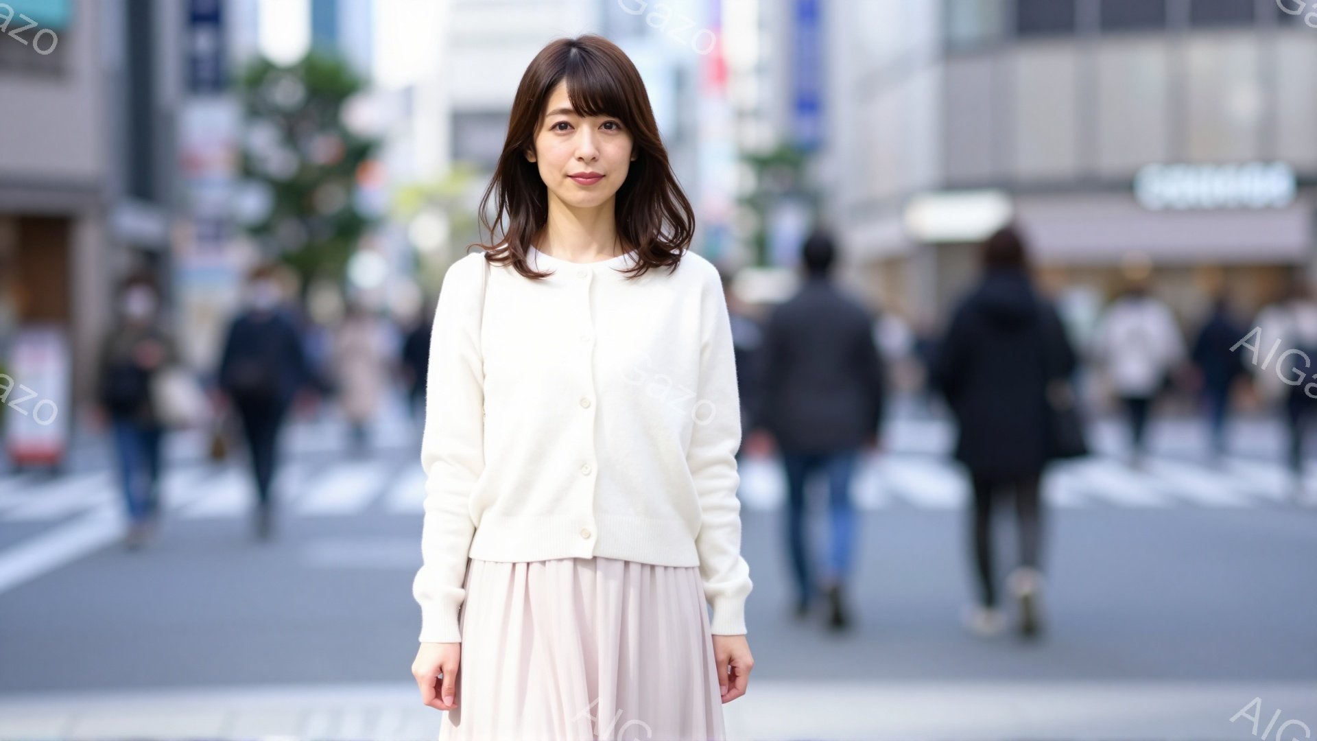 画像には、街中の横断歩道でポーズをとる若い女性が写っています。彼女はオフホワイトのカーディガンと、淡いピンク色のプリーツスカートを着用し、髪は肩にかかる長さで軽くウェーブがかかっています。背景にはぼや - AI生成フリー素材