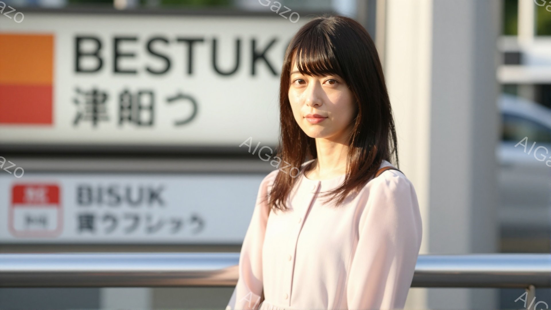 画像には、黒髪で前髪のある女性が写っています。彼女は薄いピンク色のブラウスを着ており、落ち着いた表情で正面を見ています。背景には、黒地に白文字で「BESTUK」と書かれた看板があり、グレーの柵と、ぼやけた都市の風景が見えます。
