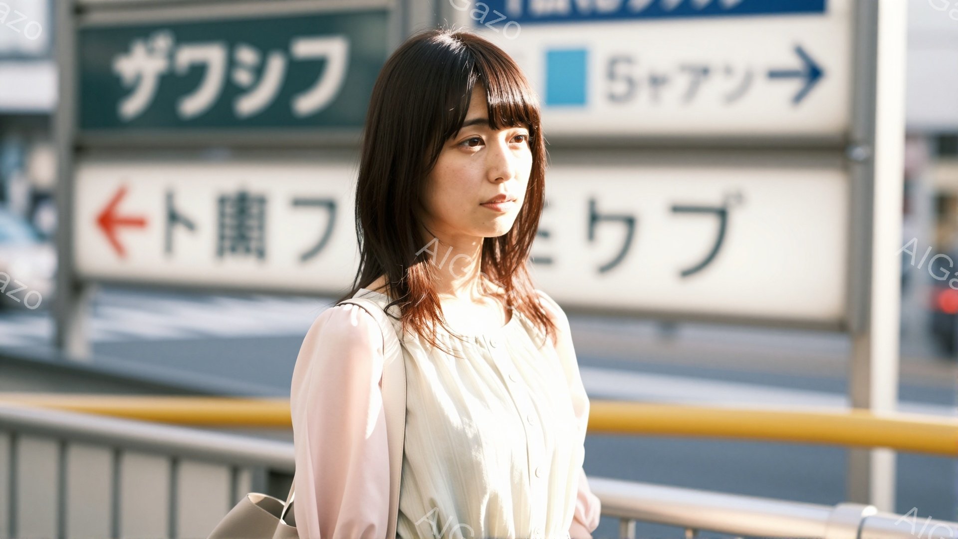 長い黒髪で、少しサイドパートにした女性が写っています。薄い緑色のブラウスを着ており、肩には黒いバッグを掛けています。背景には、矢印と文字が書かれた標識があり、都市部の歩道のような場所で、やや曇り空の下で撮影されたようです。