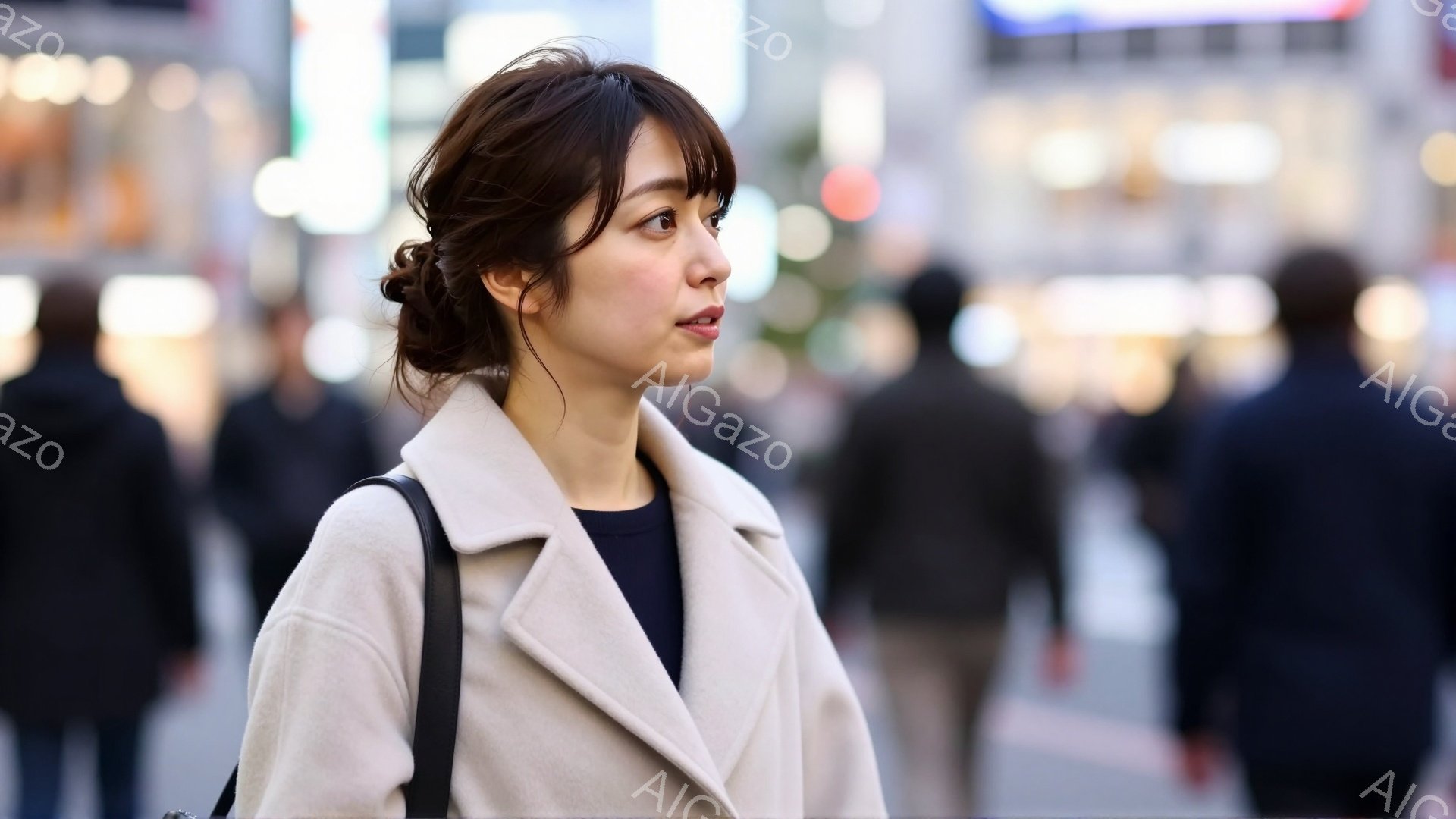 画像には、浅いベージュ色のコートを着た若い女性が写っている。彼女は髪を後ろでまとめ、わずかに微笑んでいるように見える。背景は賑やかな街並みで、多くの人が歩いているが、女性に焦点が当てられている。 - AI生成フリー素材