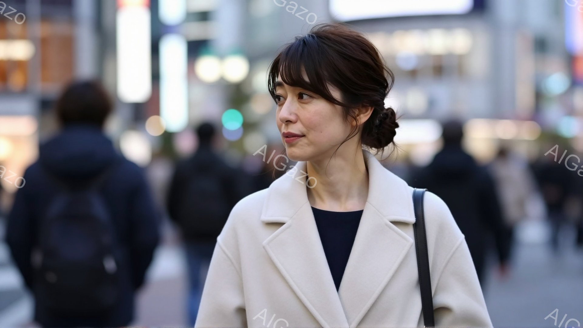 画像は、ベージュ色のコートを着た女性を捉えており、黒髪を後ろでまとめている。彼女は少し微笑んでおり、視線は右上に向けられているように見える。背景には、ぼやけた人々と建物が写っており、都市部の通りで撮影 - AI生成フリー素材