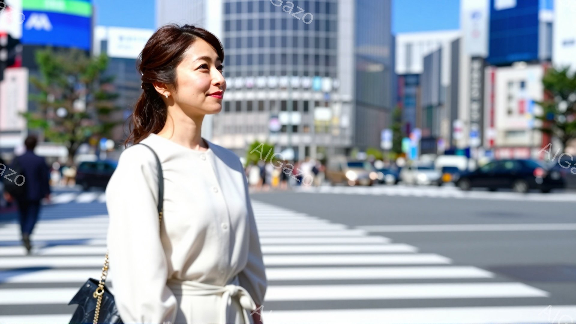 明るい日差しの中で、ベージュ色のワンピースを着た女性が横断歩道を歩いている。彼女は肩を少し落とし、わずかに上目線で遠くを見つめ、穏やかな表情を浮かべている。背景には高層ビル群が立ち並び、多くの人が歩いている様子から賑やかな都会の風景であることがわかる。
