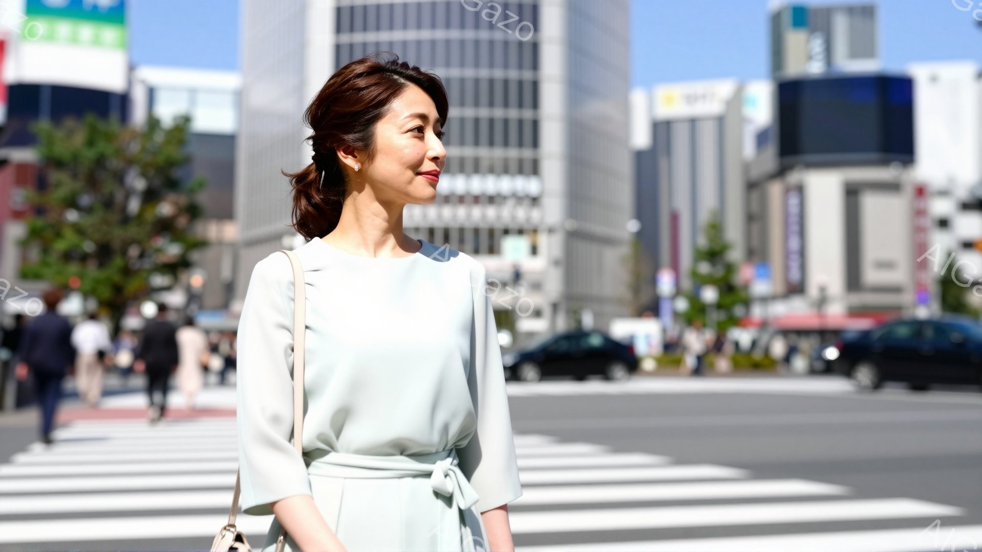 明るい日差しの下、女性が横断歩道を歩いている。淡い緑色のゆったりとしたブラウスにベルトを締め、髪は後ろで上品にまとめている。背景には高層ビルが立ち並び、活気のある都会の風景が広がっている。