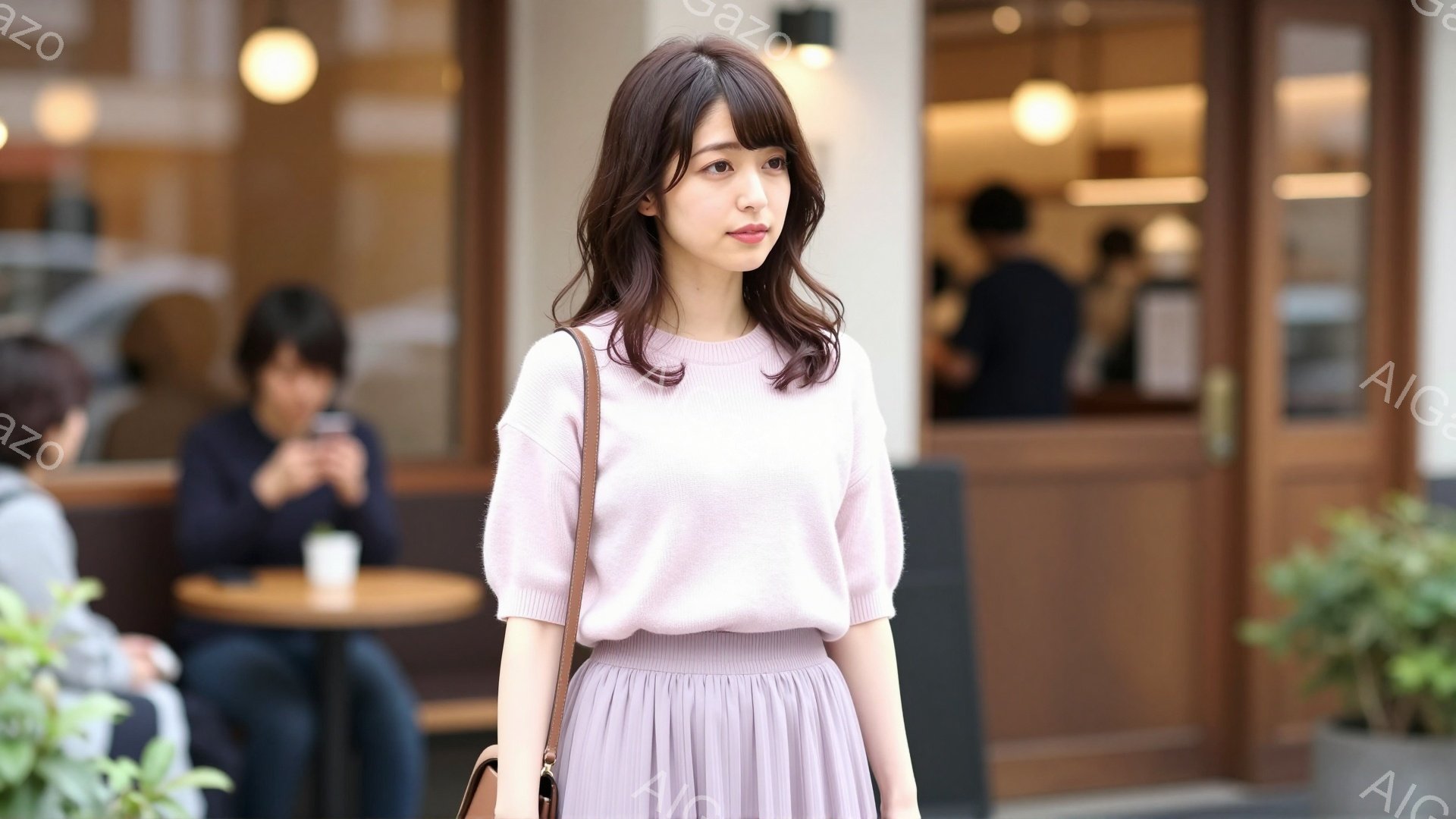 淡いピンク色のセーターとプリーツスカートを着用した若い女性が写っています。彼女は肩にかけてバッグを下げ、少し微笑んだ表情でカメラを見ています。背景にはカフェらしき場所が見え、緑の植物が配置されており、 - AI生成フリー素材