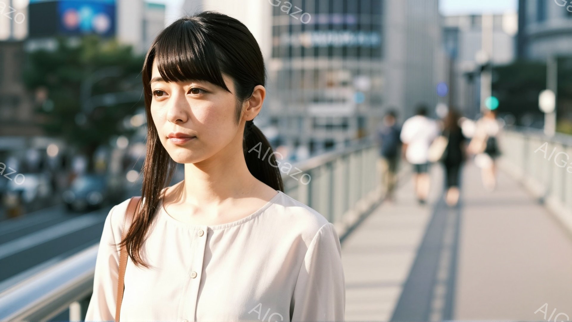 画像には、ベージュ色のブラウスを着た若い女性が写っています。彼女は長い黒髪を肩のあたりで一つにまとめ、少し微笑んだ表情で遠くを見つめています。背景には、近代的な建物が立ち並び、歩道橋の上で他の歩行者がぼんやりと見えます。
