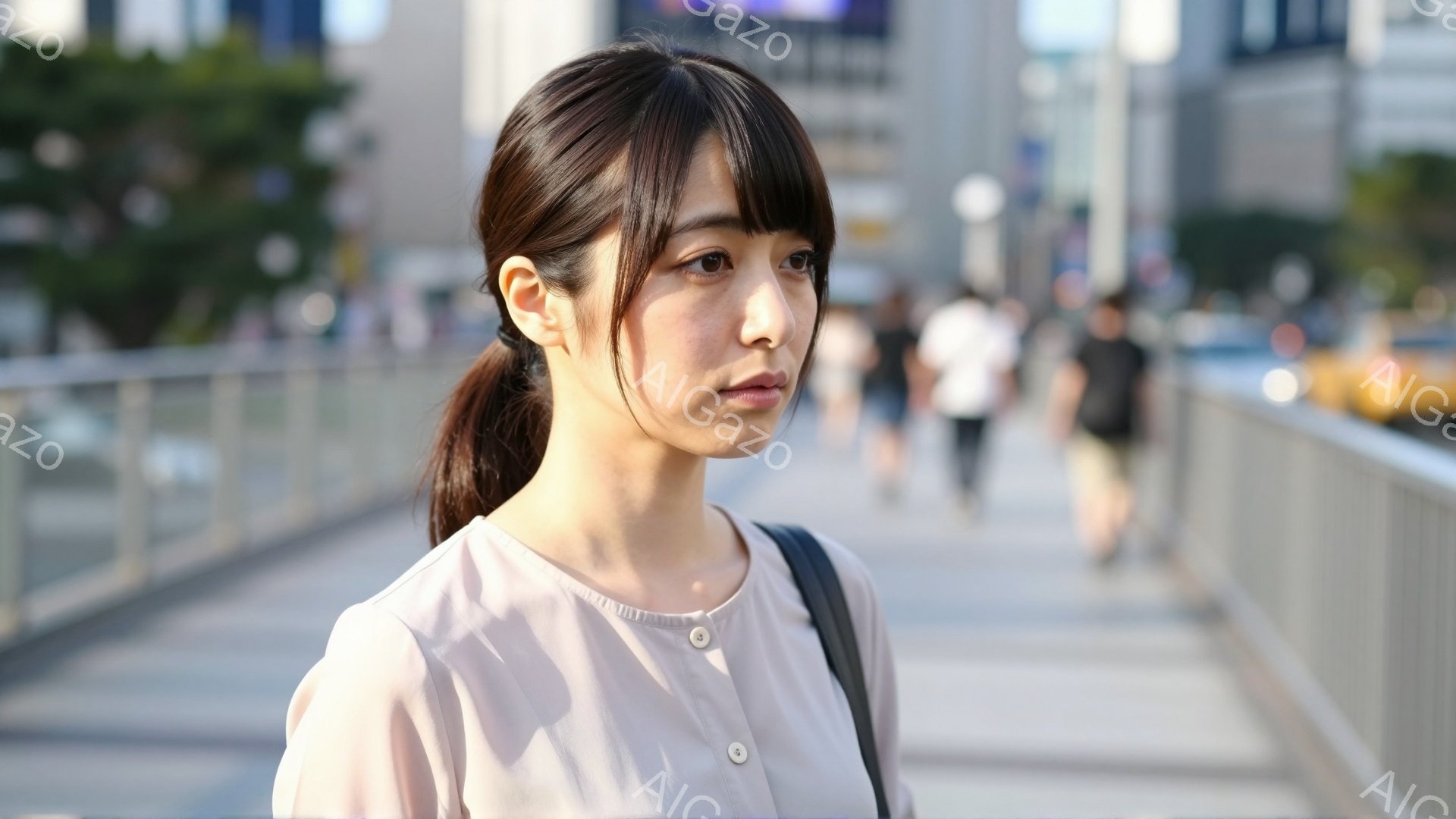画像には、明るい色のブラウスを着た若い女性が写っています。彼女は髪を後ろで一つにまとめ、少し物憂げな表情で遠くを見つめています。背景には歩道橋と、ぼやけた人々の姿、そして高層ビル群が見え、都会の日常的な風景が広がっています。