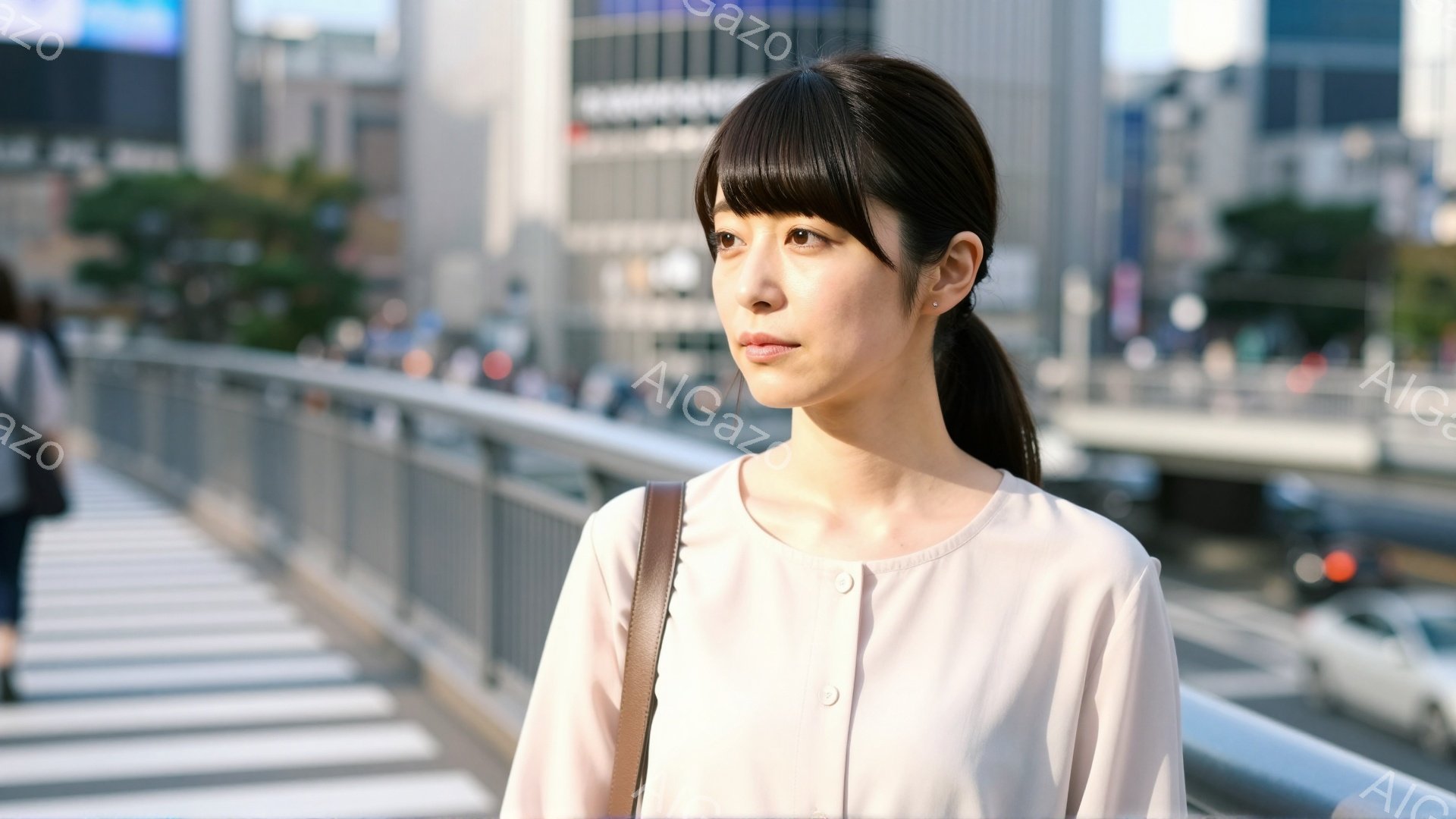 画像には、薄いピンク色のブラウスを着た若い女性が写っています。彼女は髪を後ろで一つにまとめ、少し物憂げな表情で遠くを見つめています。背景には高層ビル群と横断歩道が見え、晴れた日の都会の風景が広がっています。