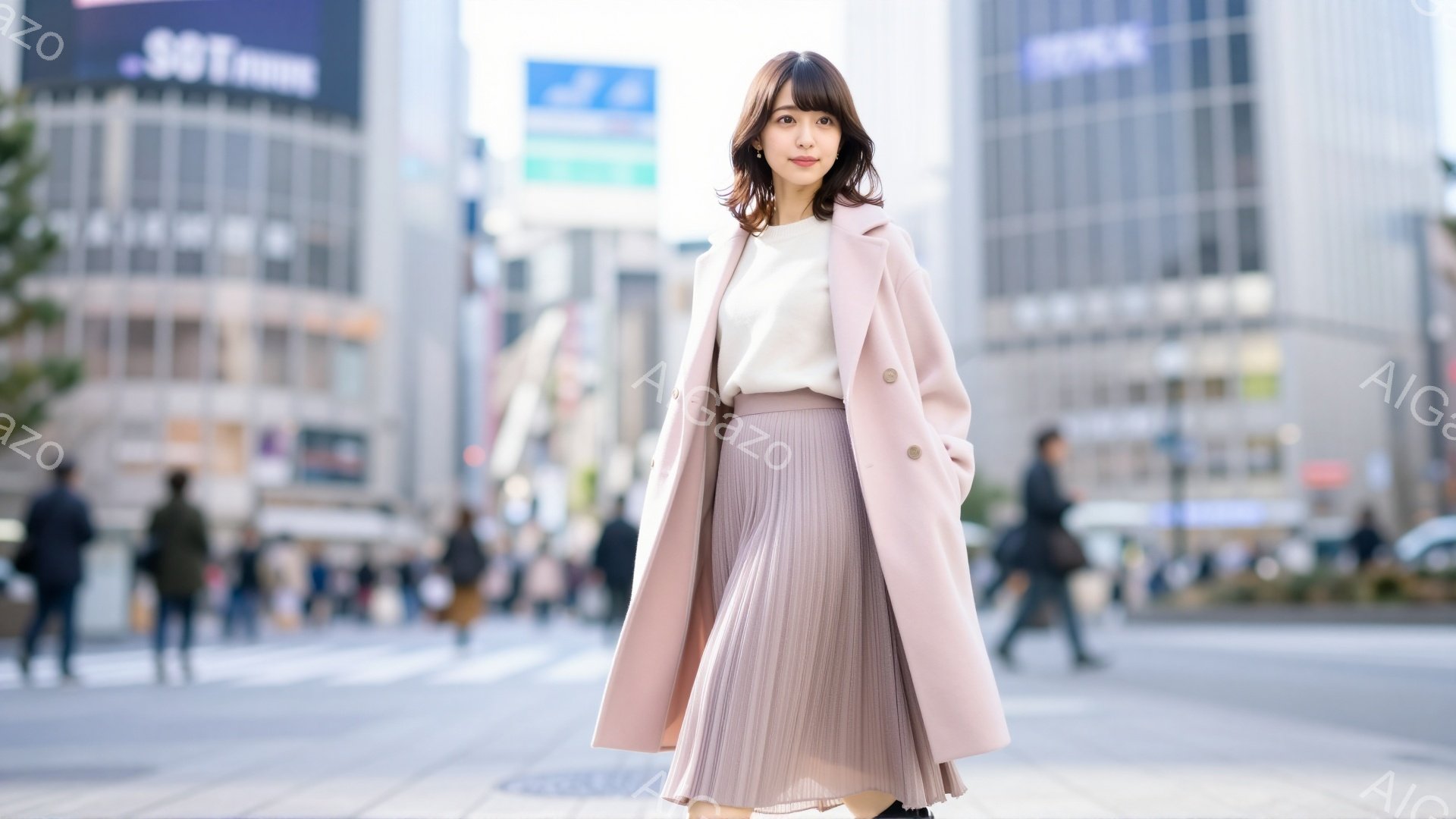 若い女性がピンク色のコートと薄紫色のプリーツスカートを着用し、街中でポーズをとっています。彼女は長い茶色の髪を肩にかかっており、穏やかな笑顔を浮かべています。背景には高層ビルが立ち並び、歩行者や交通で - AI生成フリー素材