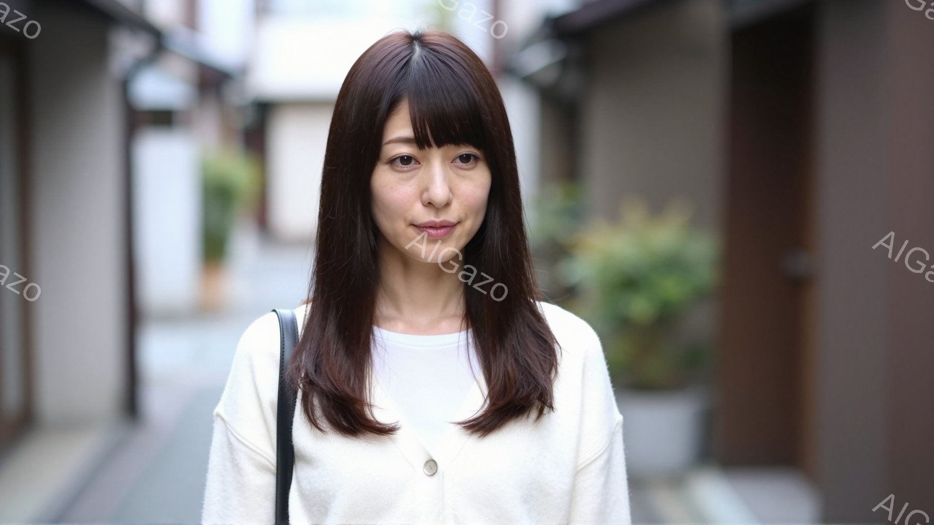 画像には、白いカーディガンを着た若い女性が写っています。彼女は肩まで届くダークブラウンの髪をサイドパートにし、穏やかな微笑みを浮かべています。背景は石畳の道と伝統的な日本の建物で、落ち着いた雰囲気が漂 - AI生成フリー素材