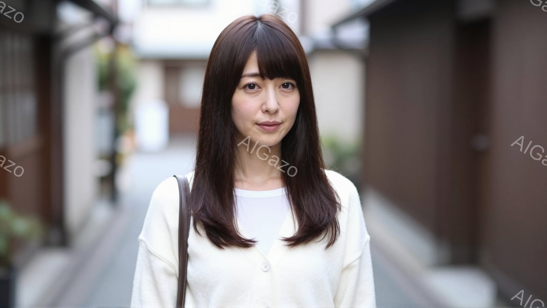 長い茶色の髪をした女性が、白いカーディガンと白いTシャツを着て、道路の中央で正面を向いています。彼女の表情は穏やかで、少し微笑んでいるように見えます。背景には、日本の伝統的な建物が並び、石畳の道と植物が見られ、全体的に落ち着いた雰囲気です。