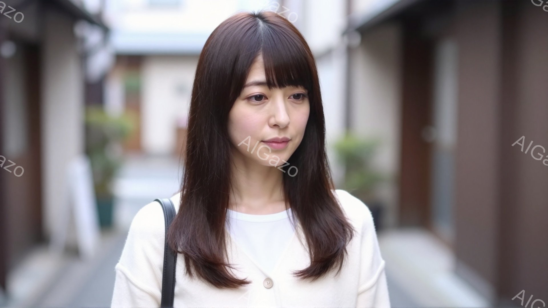 長い茶色の髪を肩まで伸ばした若い女性が写っています。白いカーディガンに白いTシャツを着て、少し微笑んでいる様子で、どこかを見つめています。背景には、古い木造建築が並び、路地裏の穏やかな雰囲気が感じられます。