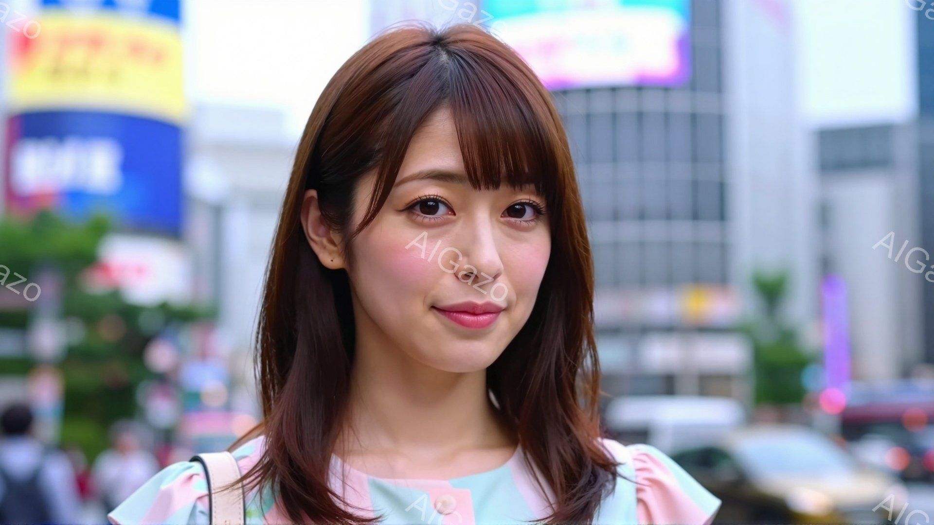 明るい茶色の髪を肩まで伸ばした女性が、ピンクと水色のパステルカラーのトップスを着ています。彼女は微笑んでおり、少し上目遣いでカメラを見ています。背景には高層ビル群と木々が見え、晴天の下、賑やかな都市の様子が伺えます。