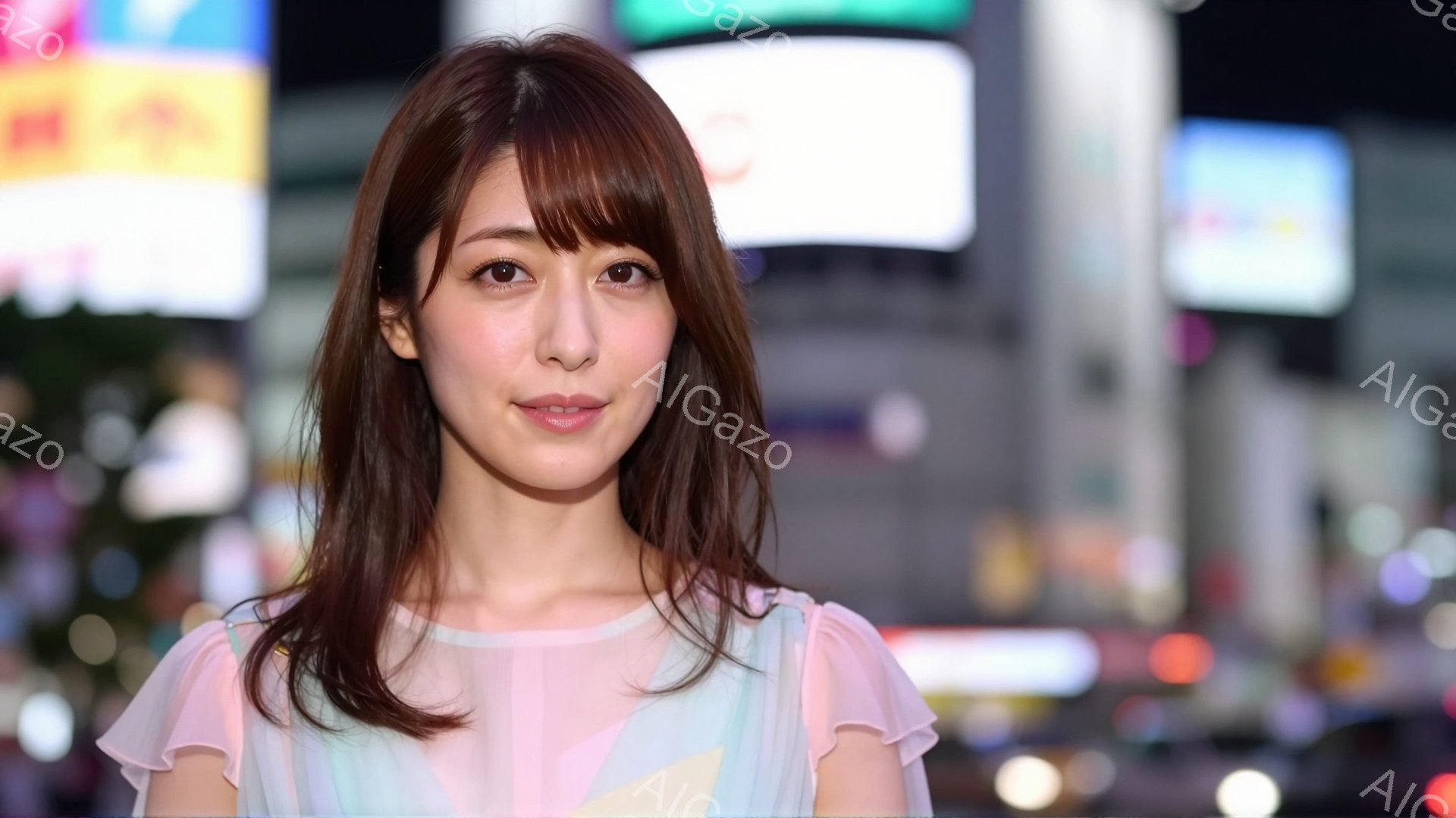 明るい茶色の長い髪を肩にかかるようにした女性が写っている。彼女はパステルカラーのフリルが特徴的なトップスを着ており、穏やかな笑顔を浮かべている。背景には夜の街並みがぼやけており、多くのネオンサインが光っている。