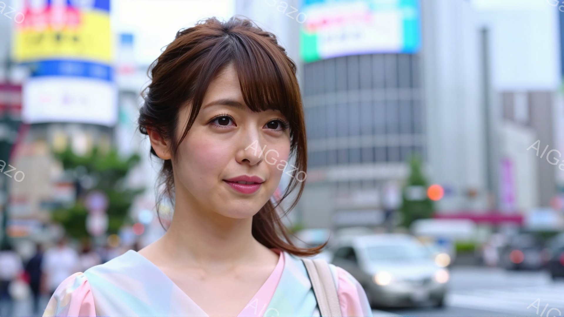 明るい笑顔を浮かべた若い女性が写っている。彼女は、パステルカラーの抽象的な模様が入った白いブラウスを身に着け、前髪をふんわりとかけたロングヘアは肩にかかっている。背景には高層ビルや緑豊かな木々が見え、賑やかな都会の通りが広がっている。