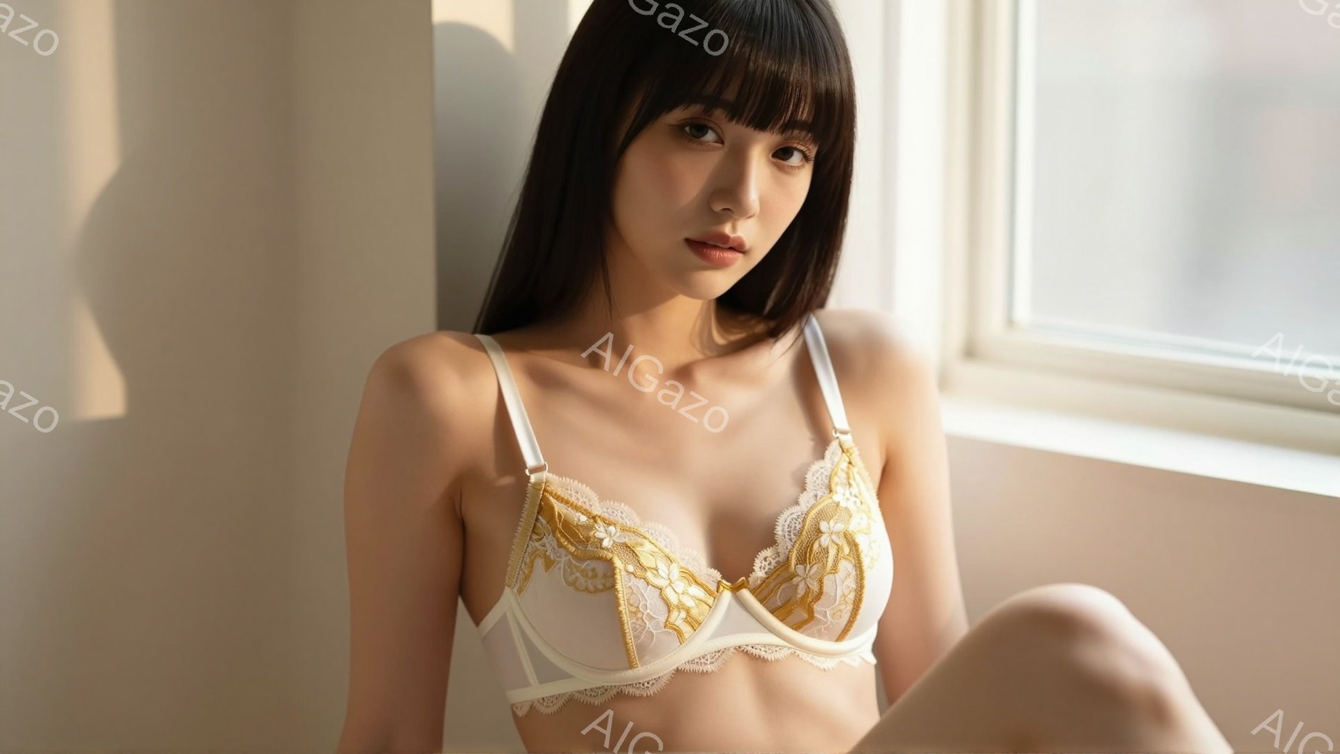 長い黒髪の女性が、白いレースと金色の刺繍が施されたブラレットを着用し、膝を曲げて座っています。彼女はカメラを見つめ、やや憂いを帯びた表情をしています。背景は白い壁と窓からの光で、柔らかく落ち着いた雰囲 - AI生成フリー素材