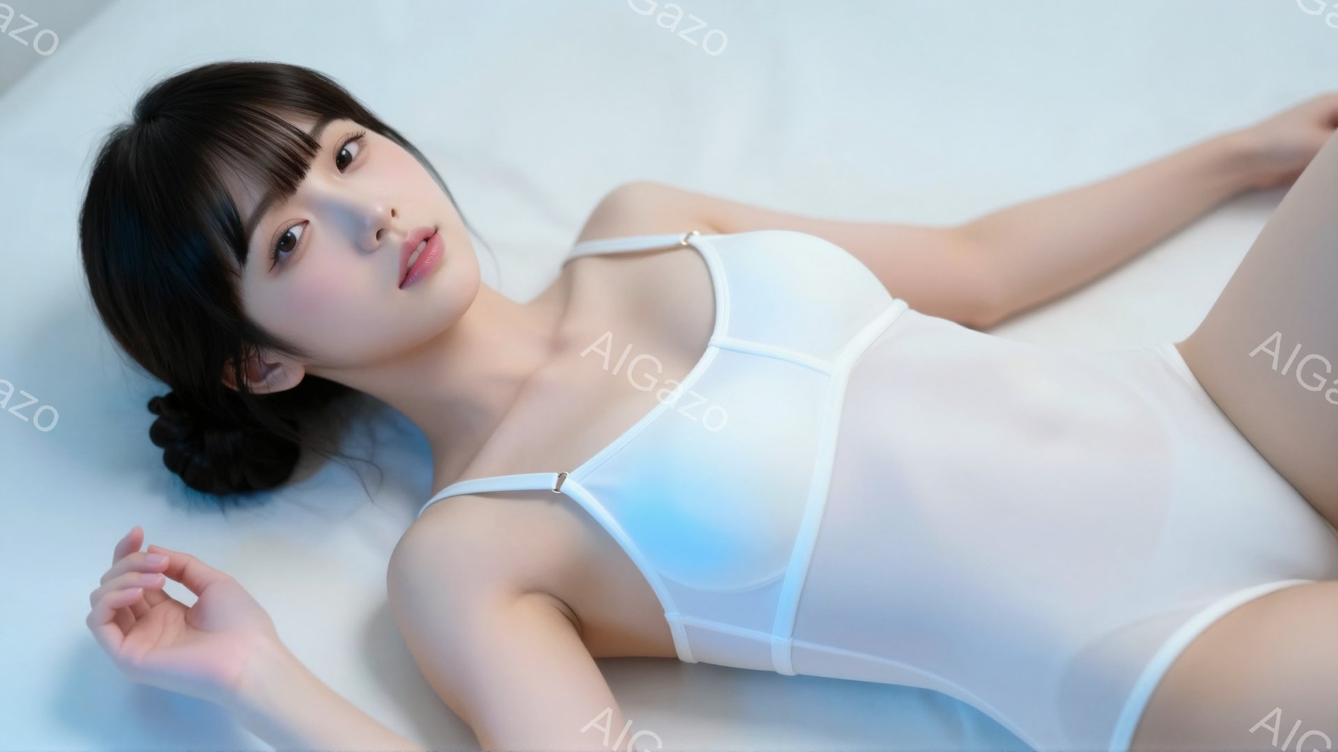 黒髪の女性が白い背景の上で横たわっており、淡いブルーのキャミソール風の衣装を着用しています。彼女は少し微笑み、リラックスした表情で、片手を顔の近くに添えています。 全体的に柔らかく、穏やかな雰囲気が漂 - AI生成フリー素材